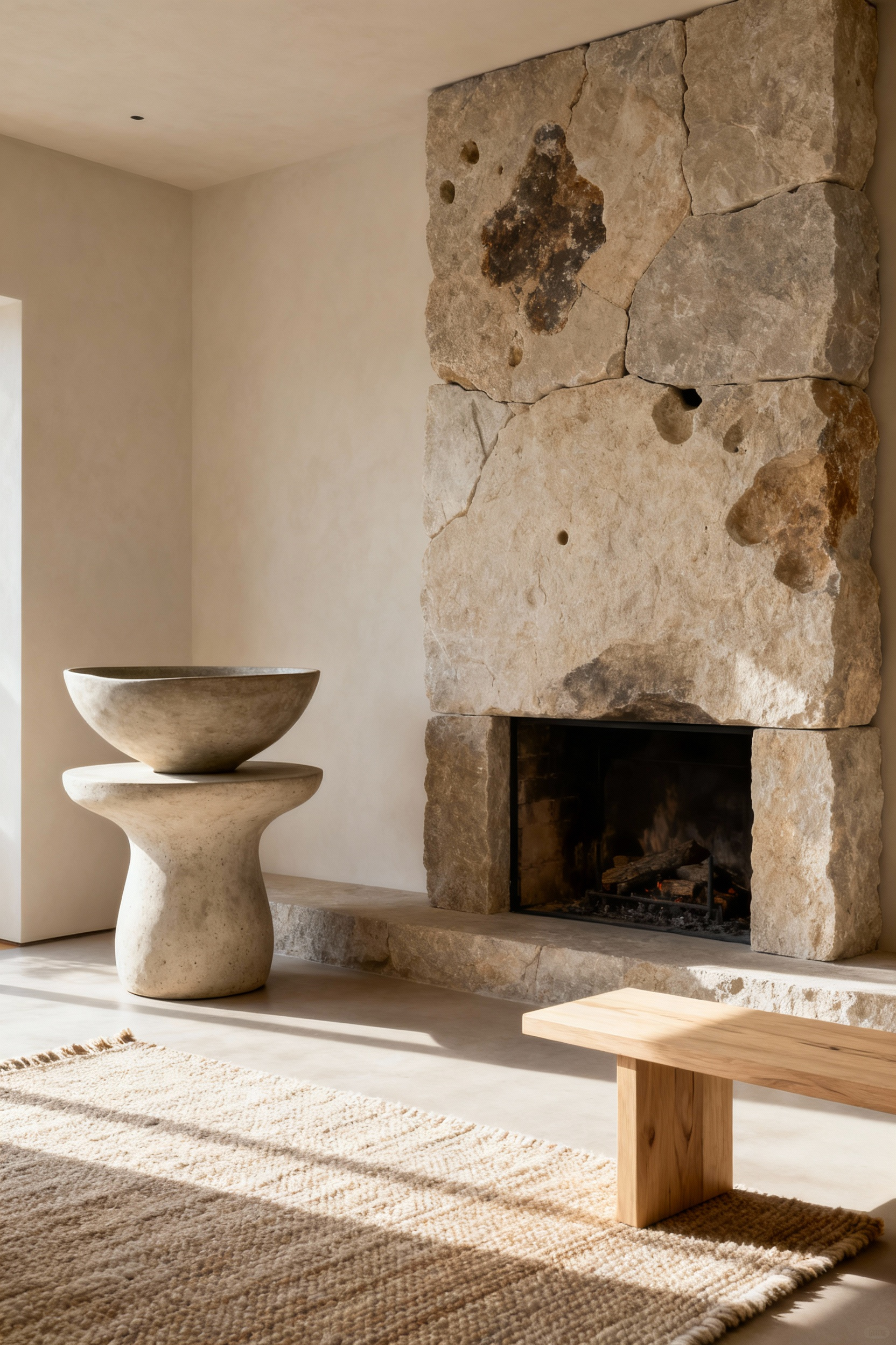 Scandinavian living room with unpolished natural stone fireplace and handcrafted ceramic decor, embodying grounded sophistication.