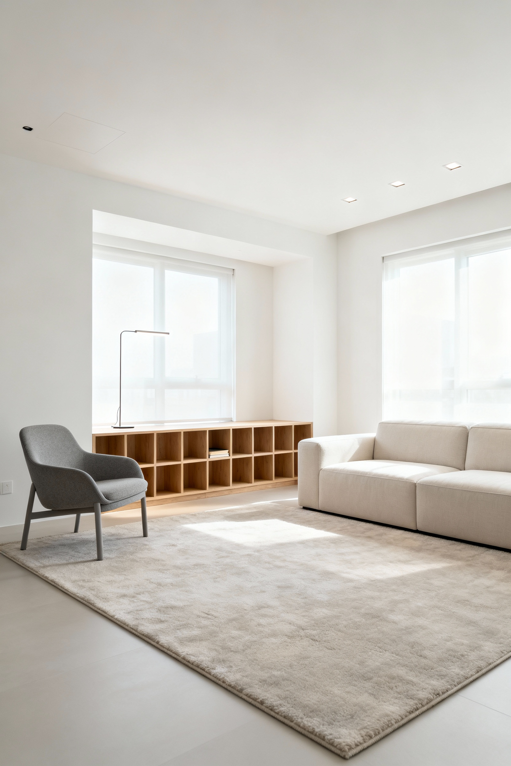 Scandinavian living room with subtle zoning using a low-slung shelf, a plush area rug, and varying light fixtures, effectively defining a distinct reading nook and a main seating area within an open-plan space.