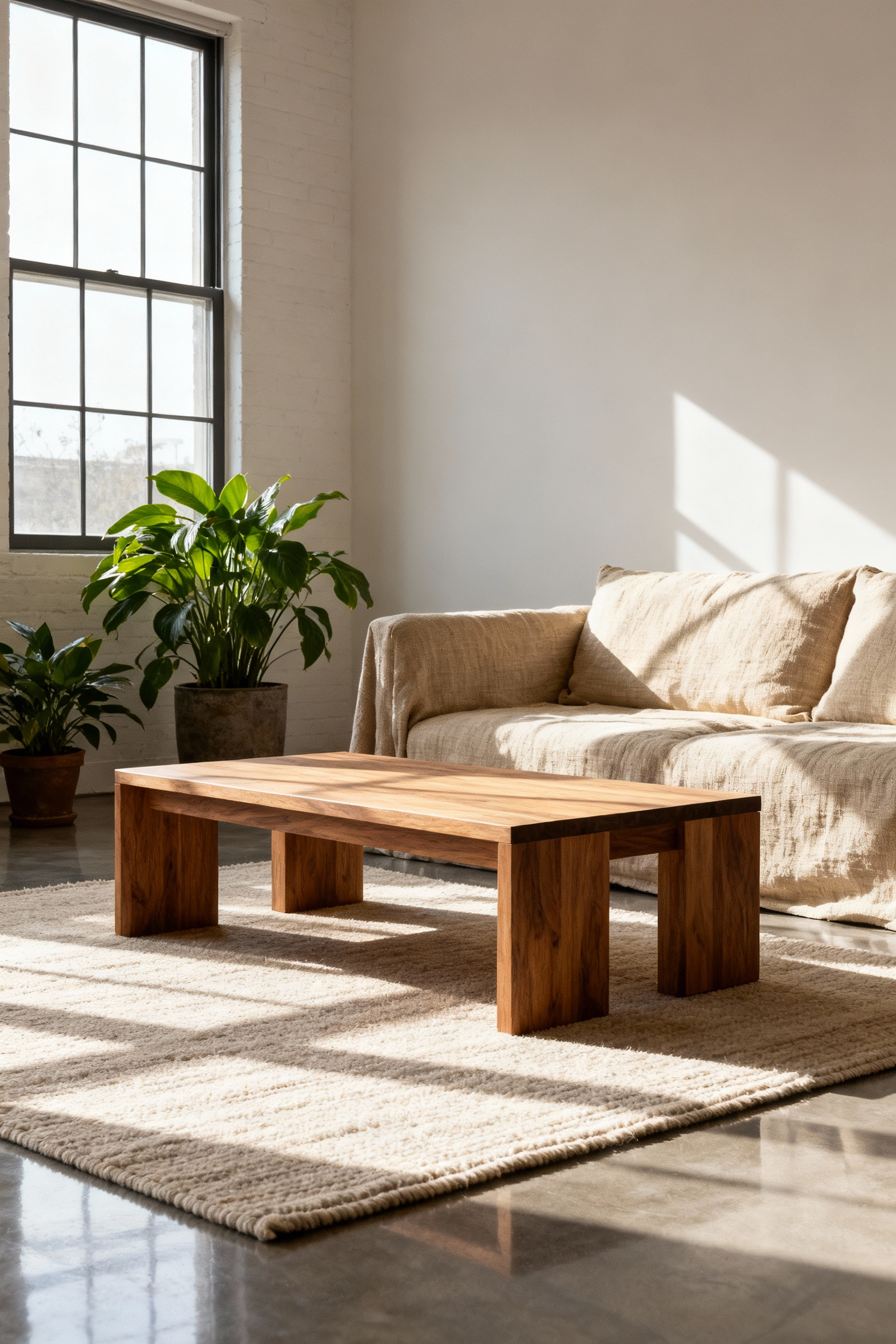 A tranquil living room with sustainable, long-lasting furniture, featuring a linen sofa, wooden coffee table, and wool rug under warm natural light, reflecting timeless design principles.