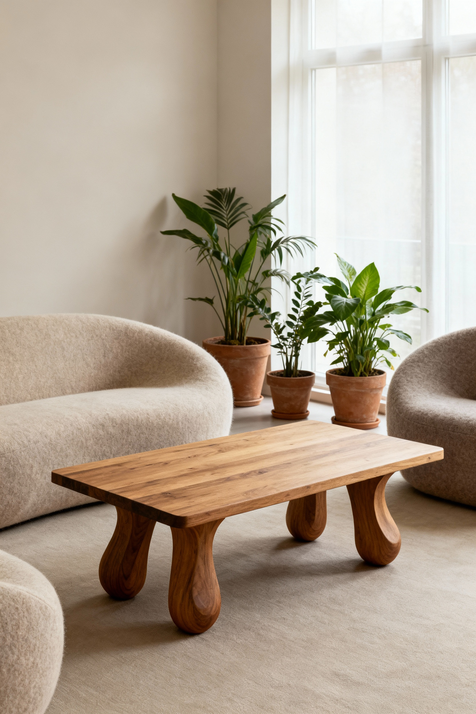 Scandinavian living room with biomimicry design, organic solid oak coffee table, curved sofa, and natural textures under soft light.