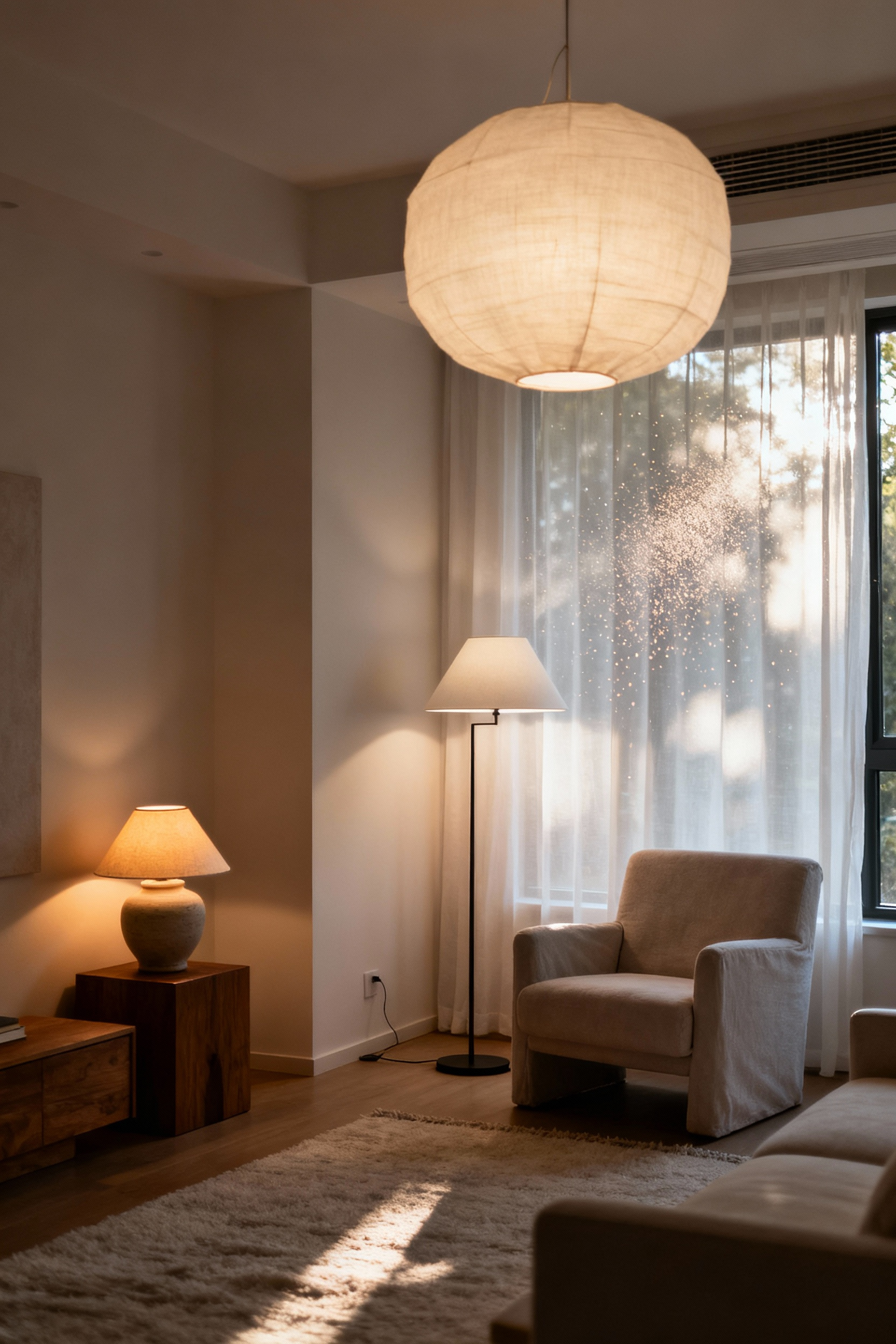 A tranquil Scandinavian living room showcasing multi-layered hygge lighting with a mix of natural light, an overhead pendant, a floor lamp, and a table lamp, creating a warm and inviting atmosphere.