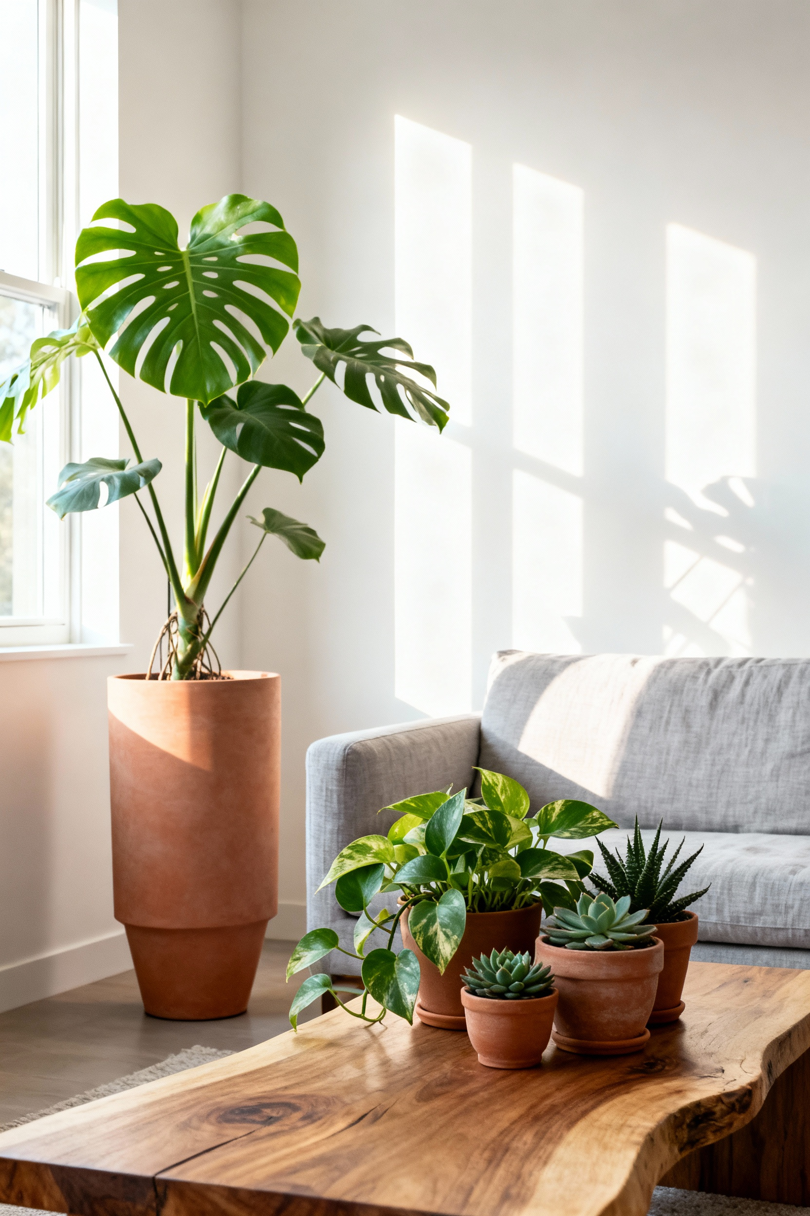 Serene Scandinavian living room featuring biophilic design with strategically placed indoor plants. A large Monstera Deliciosa, Pothos, and succulents in natural terracotta and ceramic planters, enhancing well-being.