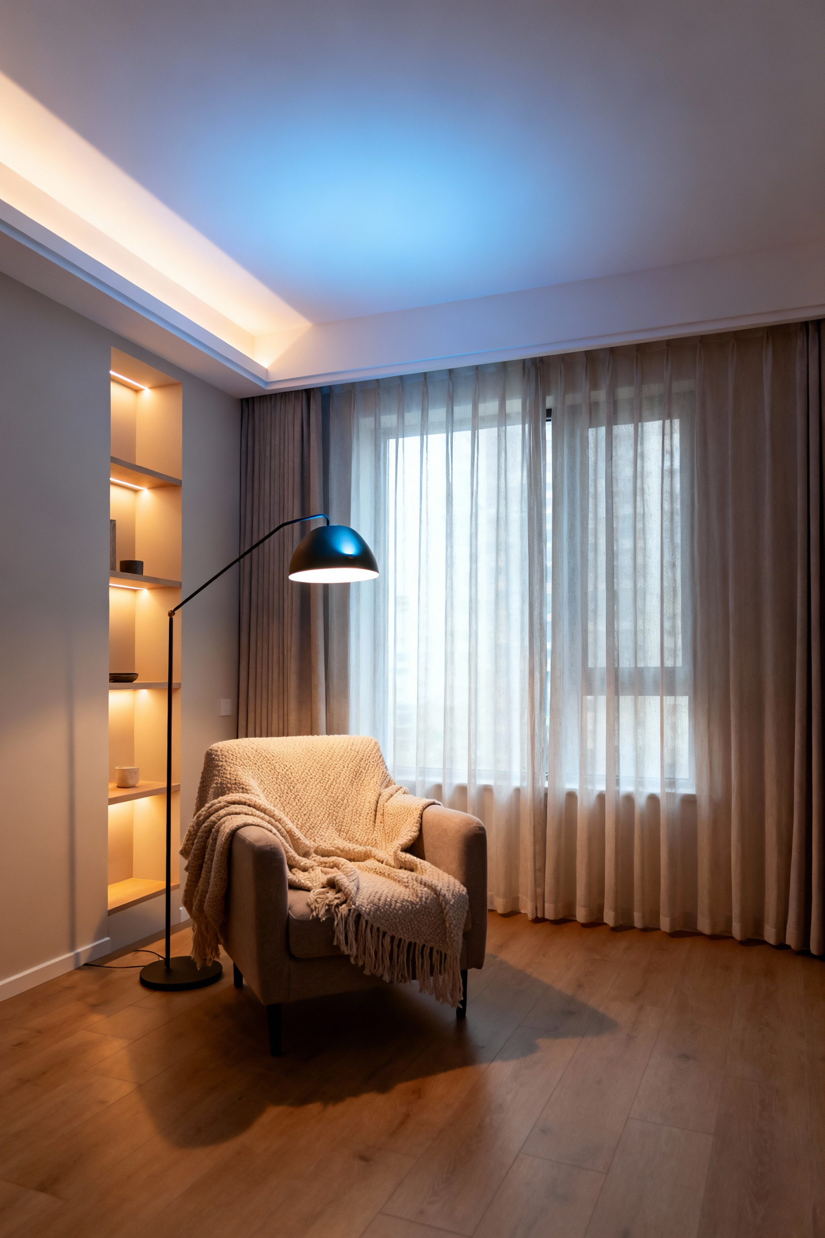 Scandinavian living room with advanced, layered lighting featuring a mix of floor lamps and hidden LED strips, designed to enhance well-being and modulate ambiance. Soft, warm light fills the space, highlighting natural textures.