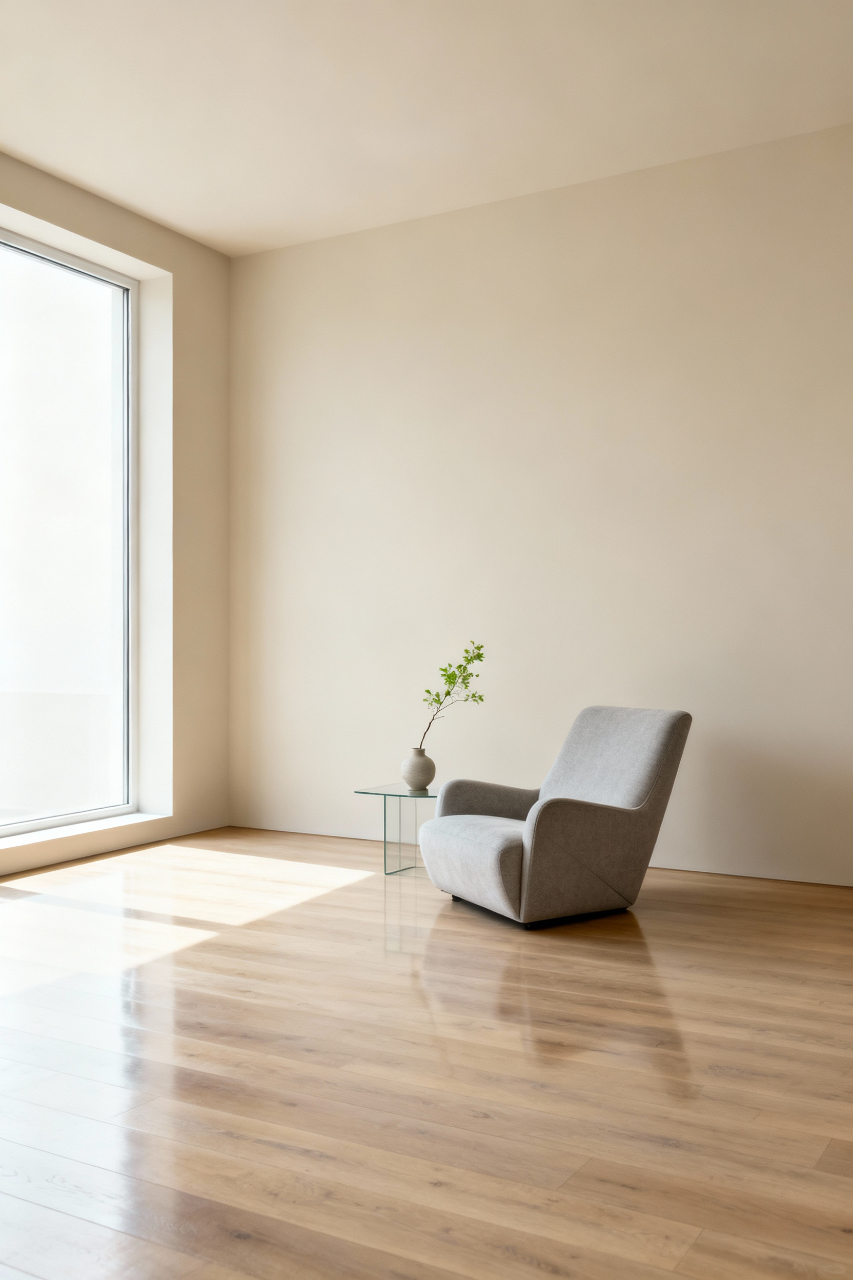 A minimalist Scandinavian living room featuring expansive empty wall space and clear floor areas around a single, modern lounge chair. The image emphasizes the concept of negative space, creating visual respite and a serene, uncluttered environment. Natural light bathes the room, enhancing the feeling of openness.