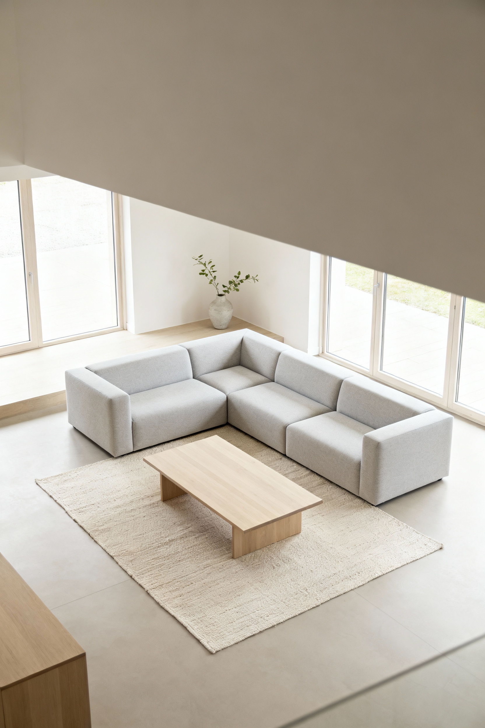 Scandinavian living room with clear, intuitive circulation paths, minimalist furniture, and ample space for movement, bathed in natural light, showcasing efficient design.