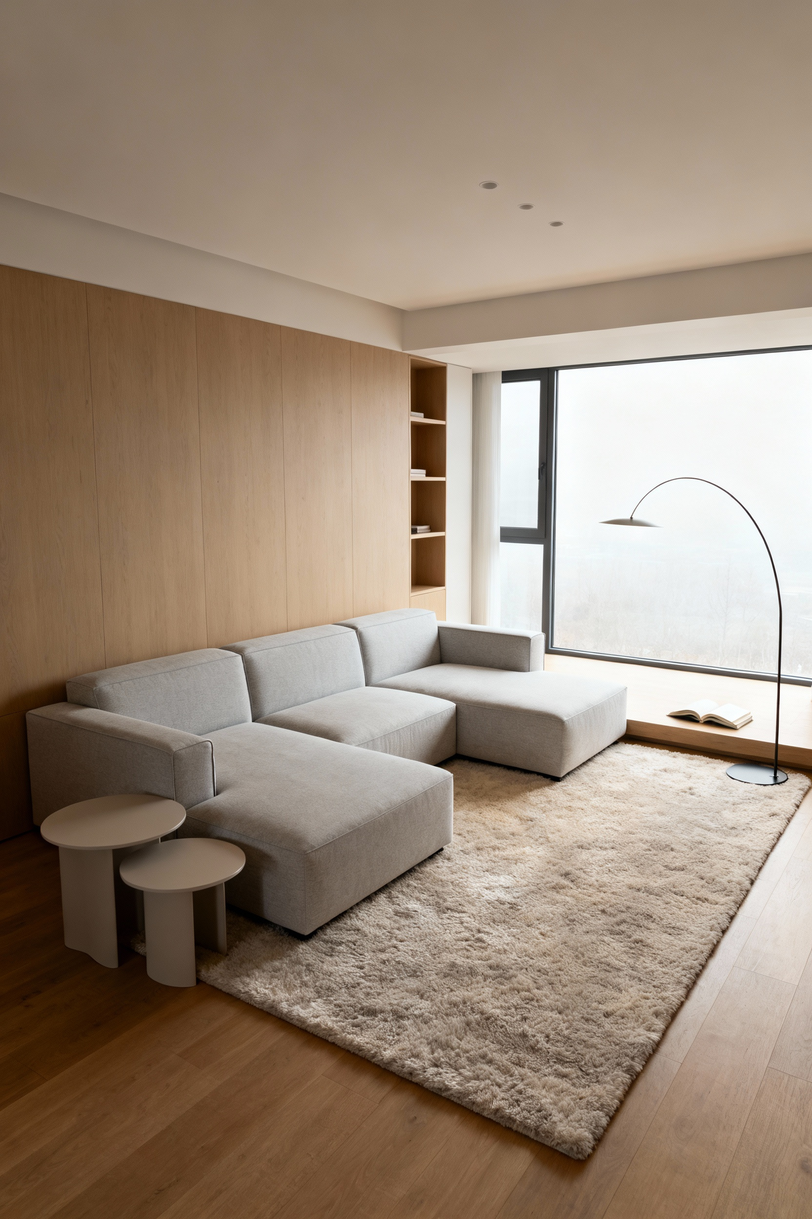 Scandinavian living room with modular sofa, nesting tables, and subtle zone division, optimized for multifunctional use and daily adaptability.