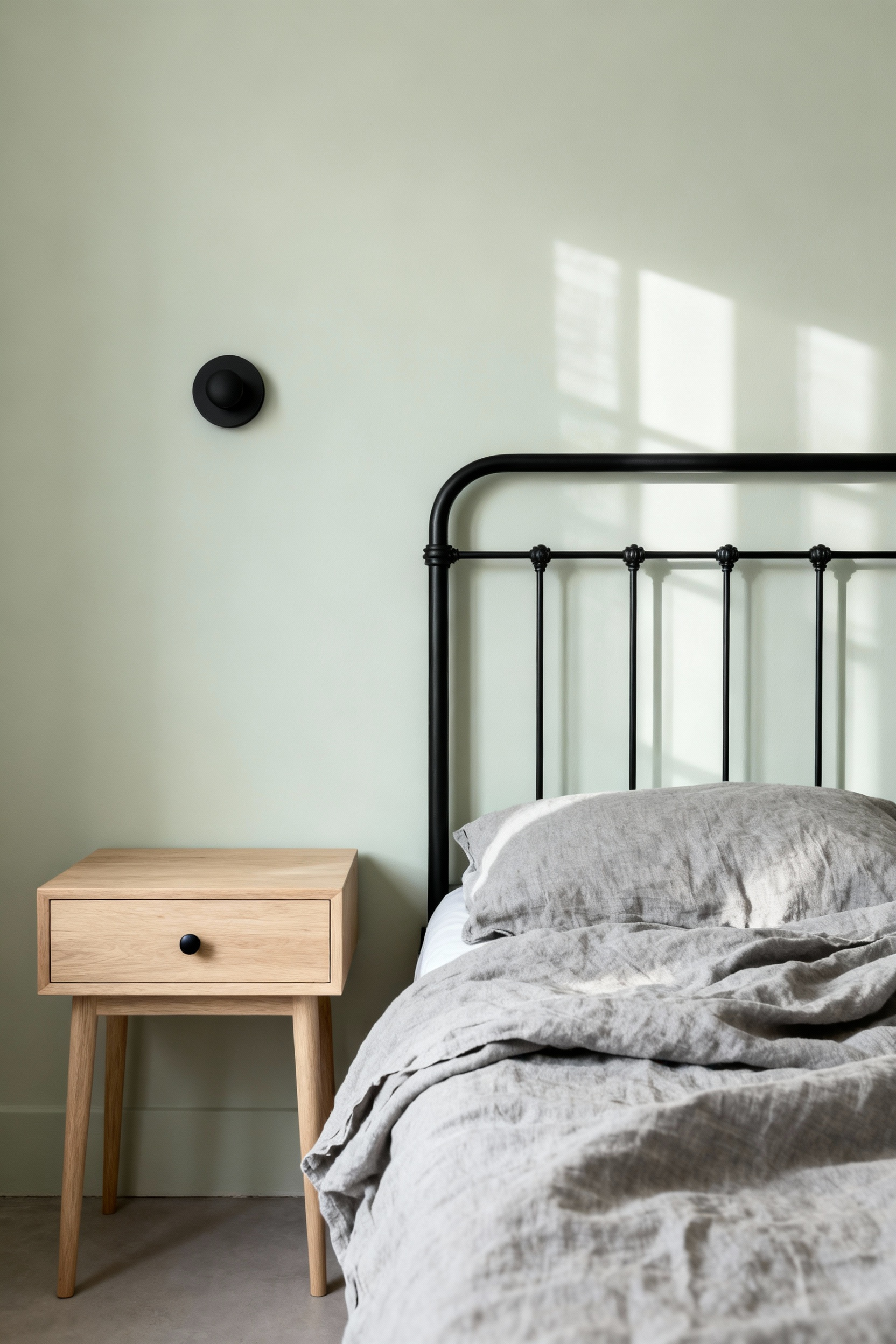 Scandinavian farmhouse bedroom with wrought iron bed frame, matte black sconce, and oak bedside table. Understated contrast in a light, neutral room.