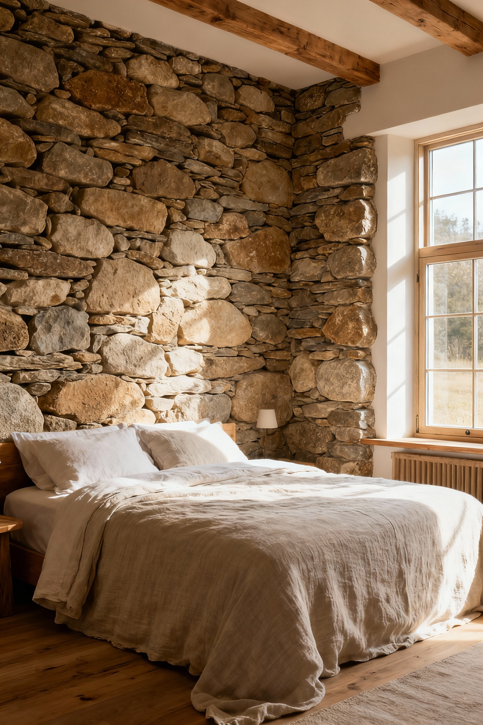 Scandinavian farmhouse bedroom with natural fieldstone accent wall, warm lighting, and soft linen textiles, showcasing earthen grounding.