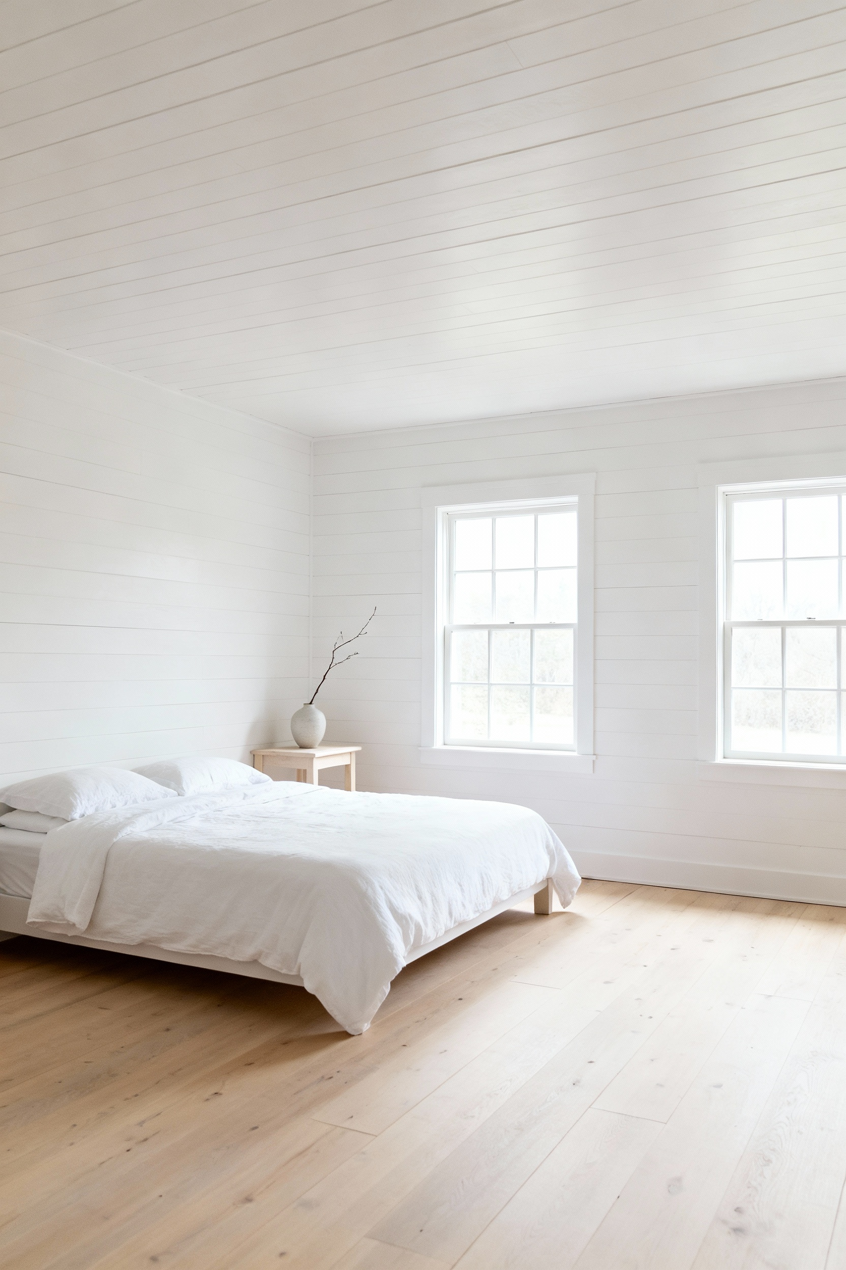 A professionally staged, de-cluttered Scandinavian farmhouse bedroom featuring white walls, a simple bed with white linens, a minimalist wooden nightstand, and abundant natural light flooding the serene, airy space.
