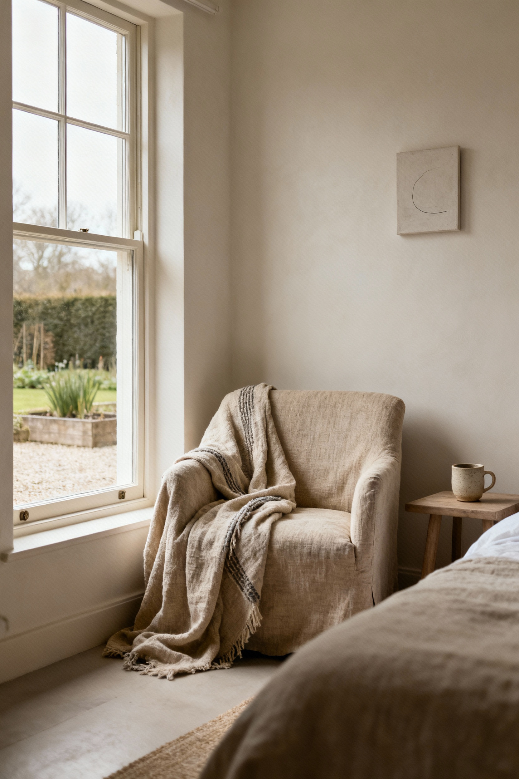 Scandinavian farmhouse bedroom with a cozy seating nook, upholstered armchair, linen throw, natural light, and simple wooden side table.