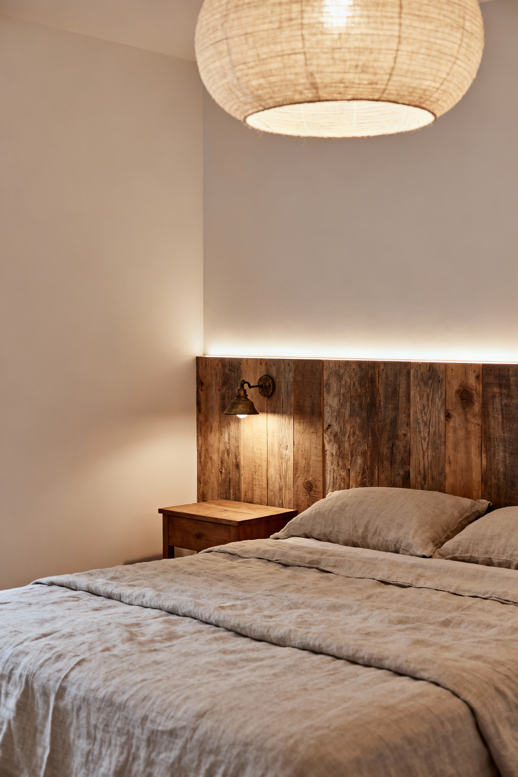 Scandinavian farmhouse bedroom with layered lighting including wall sconce, pendant light, and hidden LED strips creating a warm, functional ambiance.