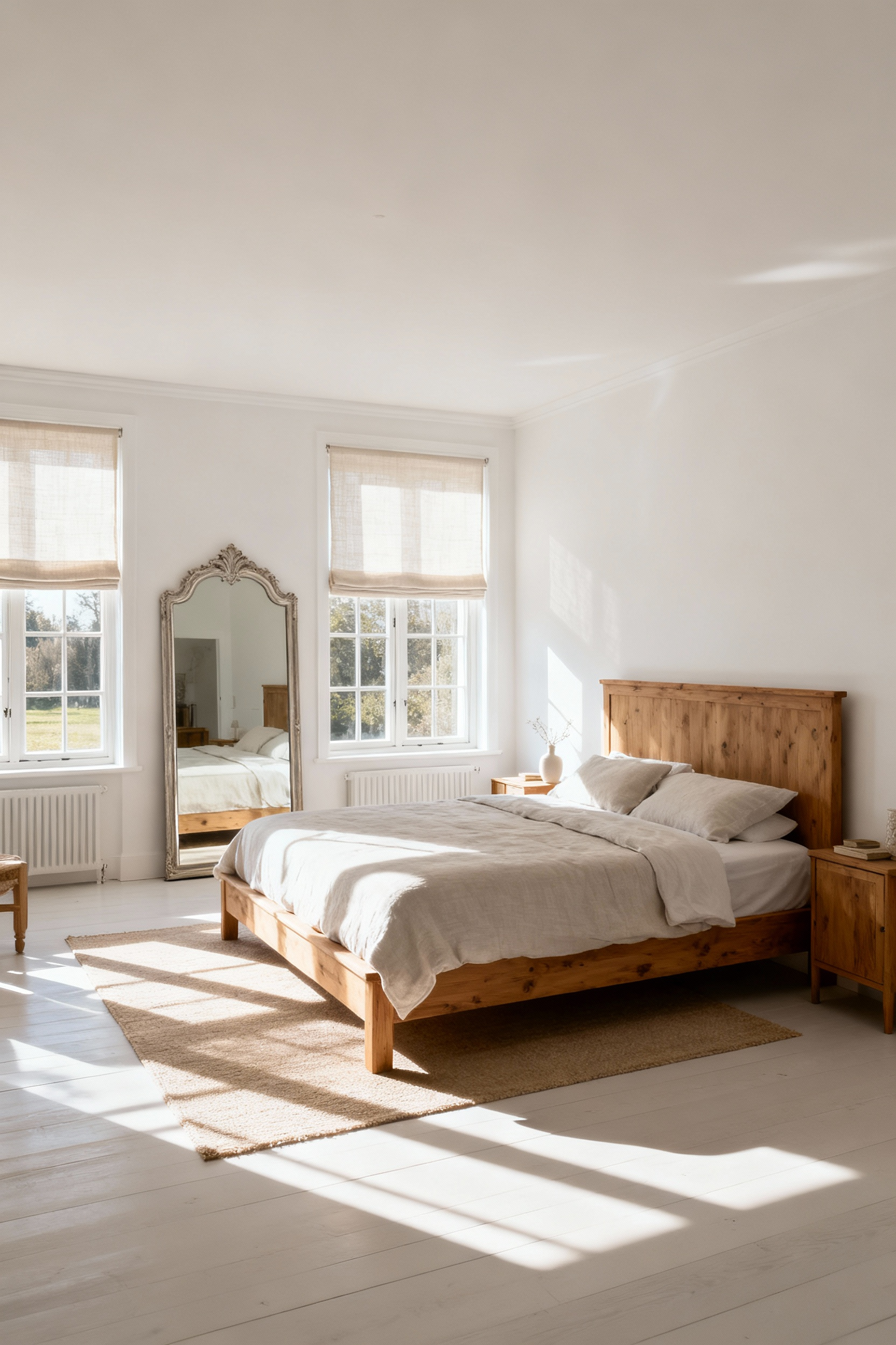 A bright, naturally lit Scandinavian farmhouse bedroom featuring large windows, sheer retracted blinds, white walls, light wood furniture, and a large mirror reflecting sunlight. The room is clean, serene, and designed for optimal natural illumination.