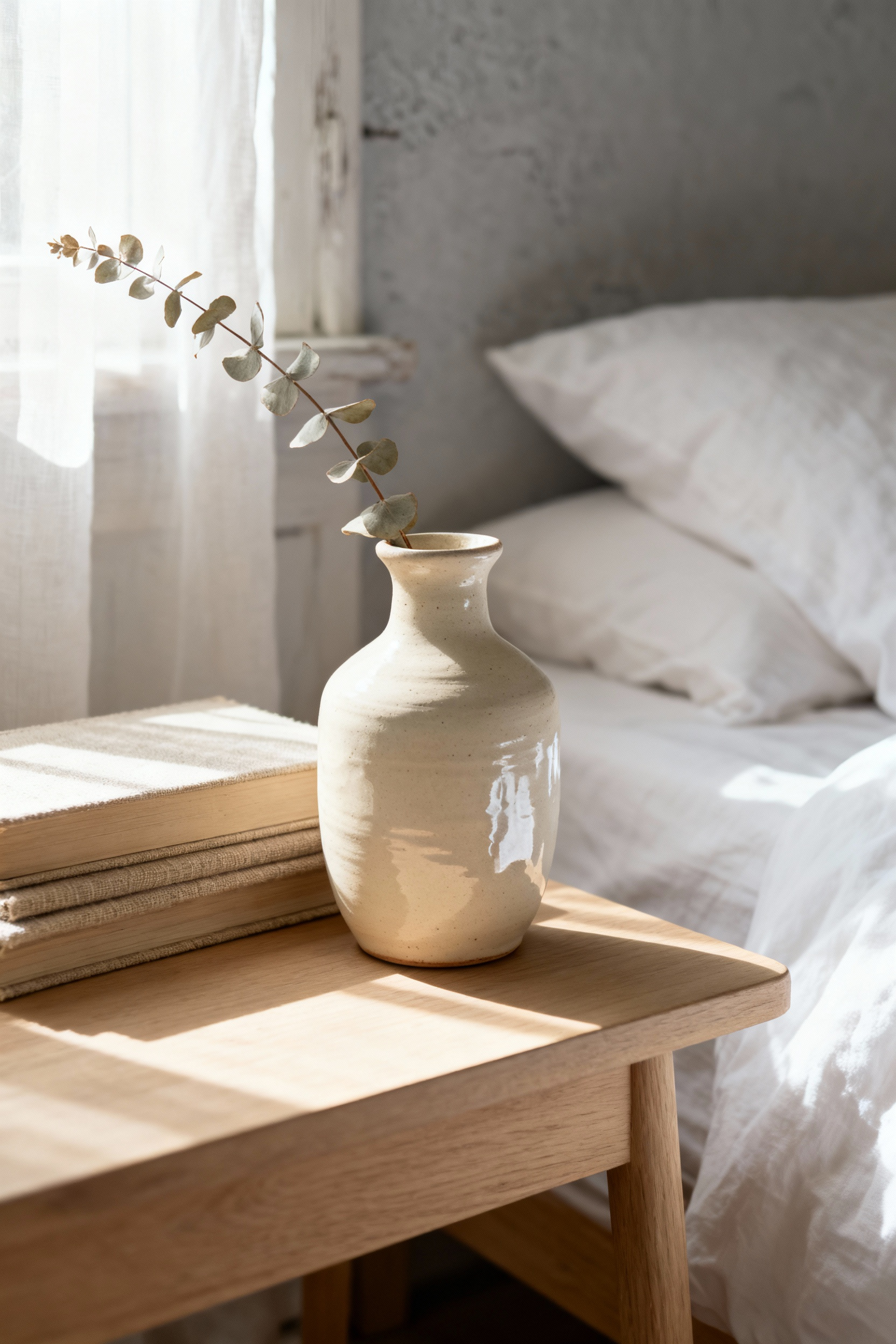 Hand-thrown ceramic vase with dried eucalyptus on a light oak bedside table in a Scandinavian farmhouse bedroom, natural light.