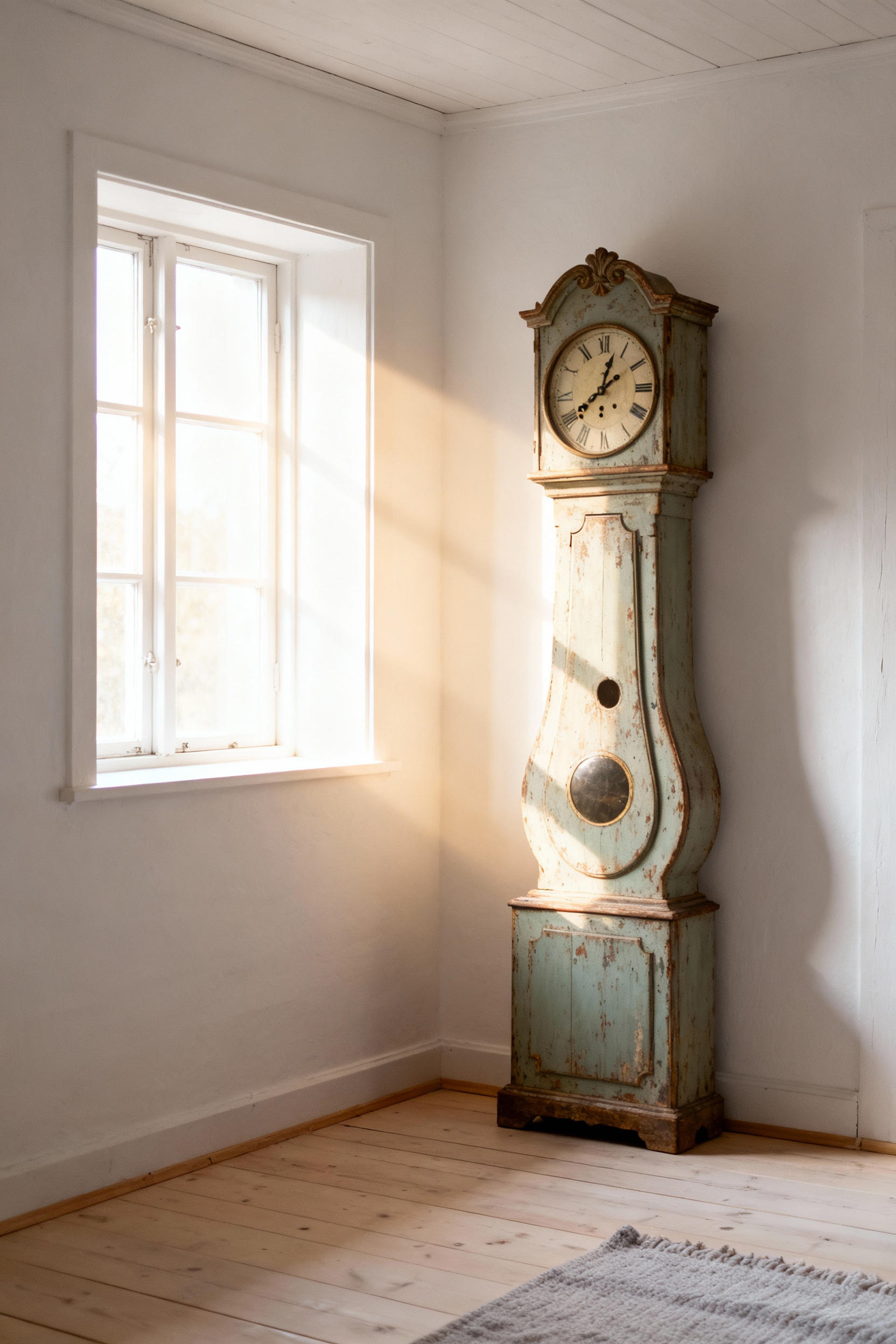 A tall, elegant Swedish Mora clock in a Scandinavian farmhouse bedroom, showcasing timeless vintage decor character.