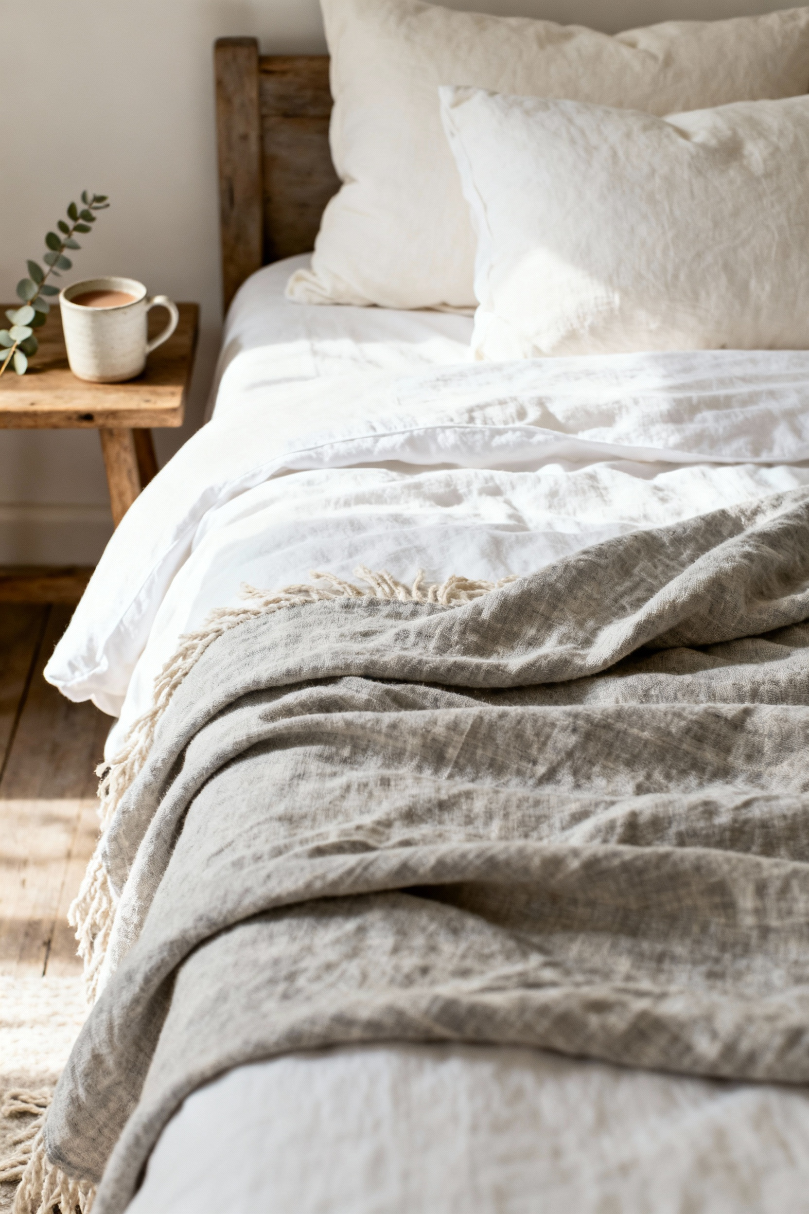 A cozy farmhouse bed dressed with layered sustainable linen and organic cotton textiles in natural tones, showcasing soft textures and comfort in diffused natural light.