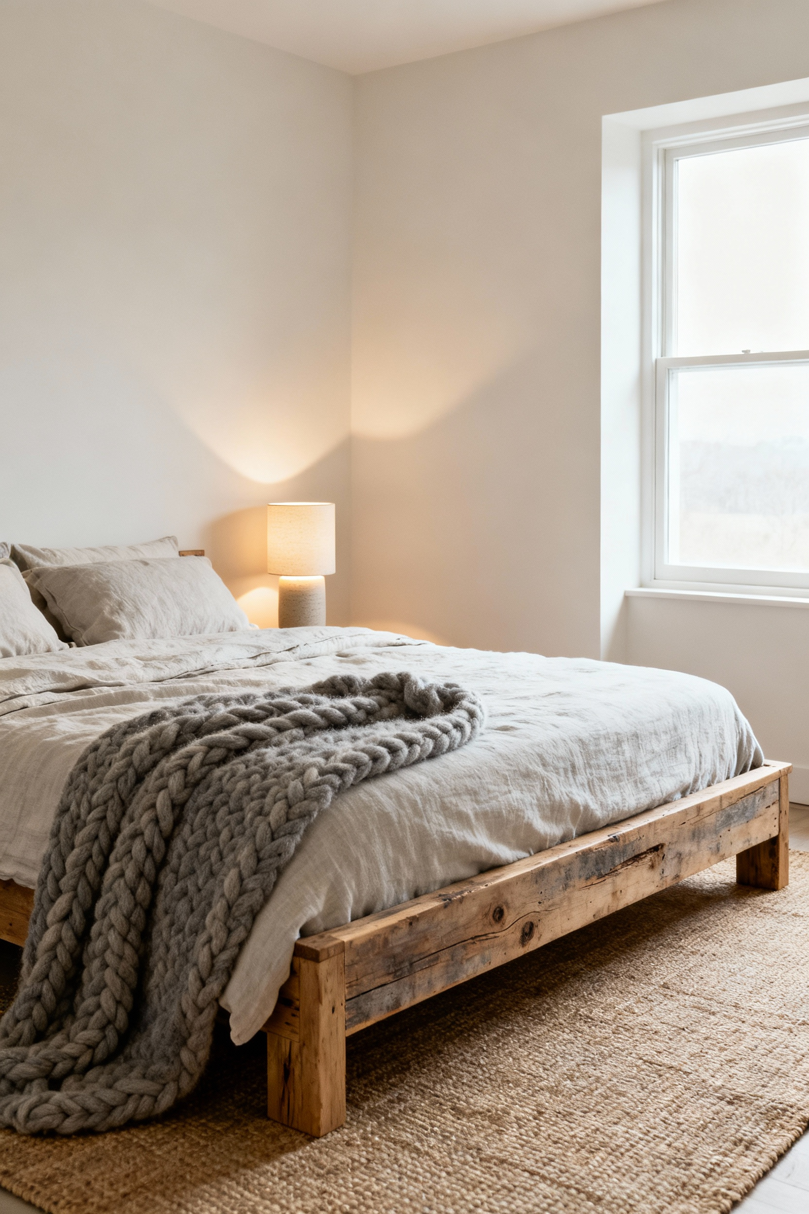 A rustic reclaimed wood bed frame with clean, minimalist lines, layered with organic linen bedding and a soft wool throw in a tranquil Scandinavian farmhouse bedroom. Subtle warm lighting and a natural rug enhance its rustic elegance.
