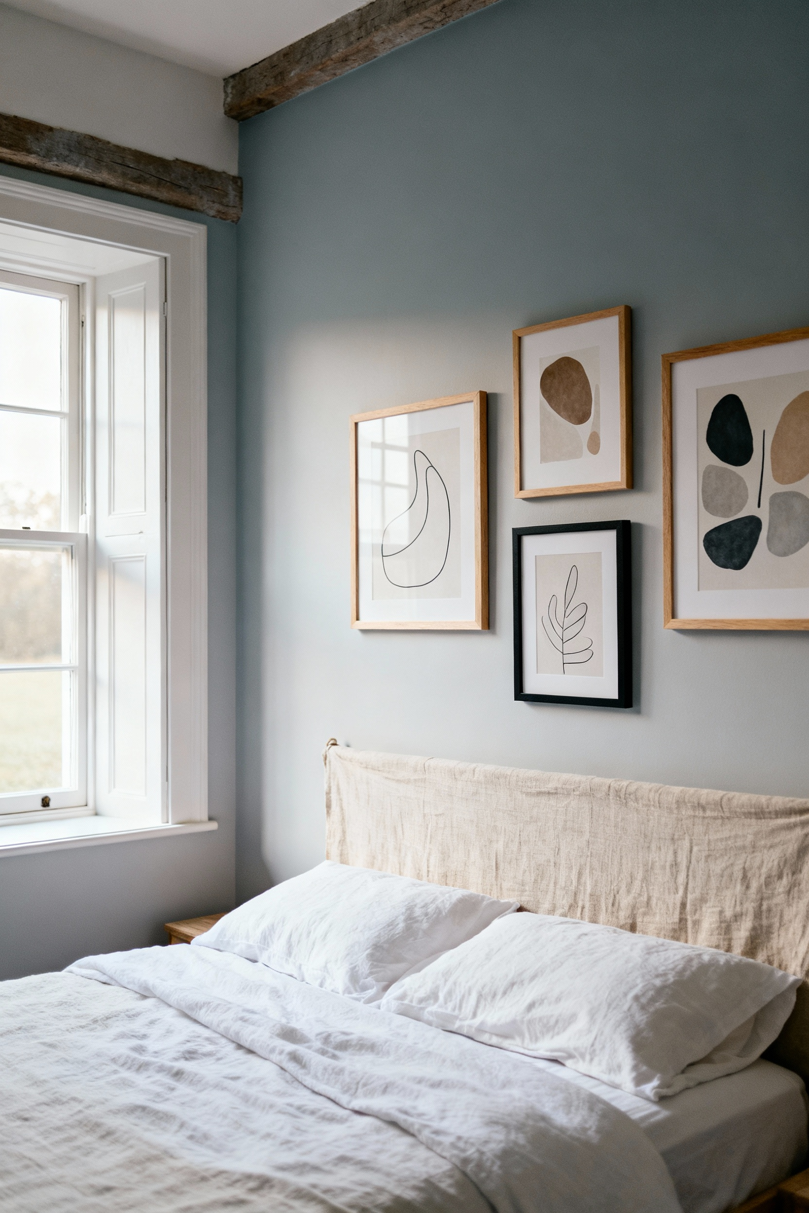 A gallery wall of minimalist Nordic-inspired abstract art prints in muted colors and organic forms, placed above a bed in a tranquil farmhouse bedroom with soft lighting.