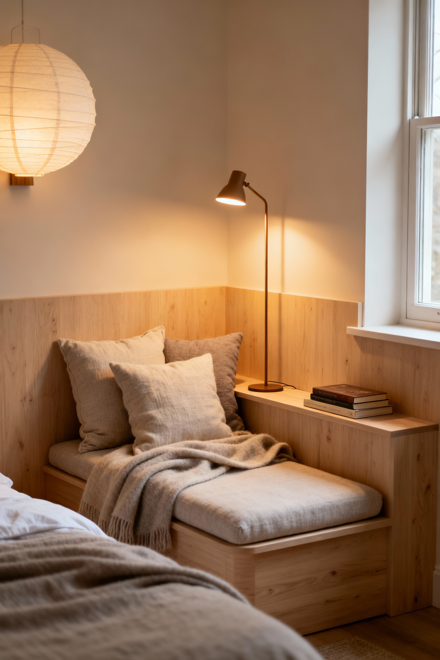 Cozy reading nook with natural light, a comfortable armchair, wool throw, wooden shelves with books, and soft lighting, creating a personalized Hygge sanctuary.