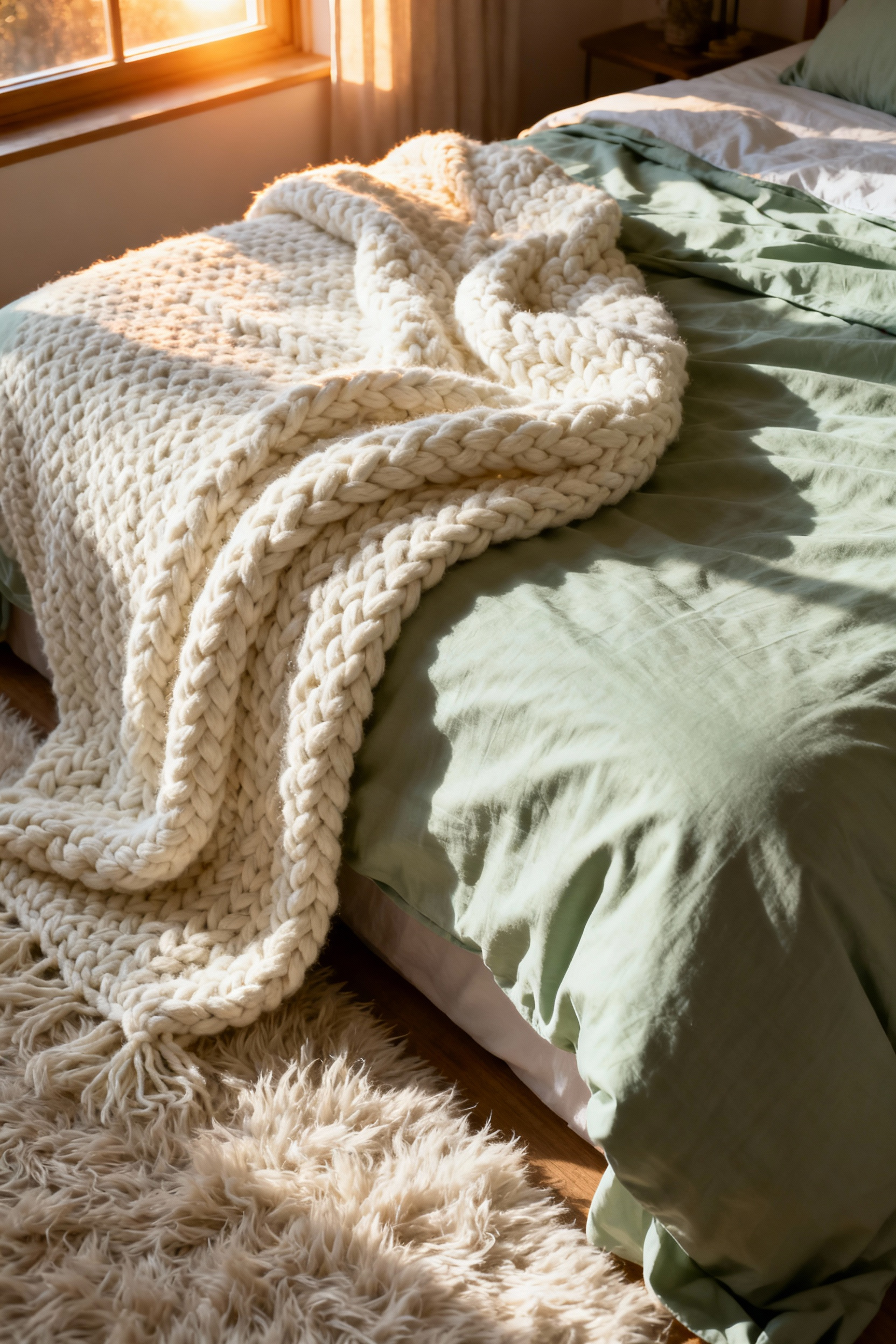 A detailed, portrait-oriented photo showcasing a bed styled with diverse, plush hygge bedroom textiles. Features include a thick, creamy chunky knit throw, smooth light green organic cotton sheets, and a glimpse of a shaggy white area rug, all illuminated by soft natural light to highlight their inviting textures.