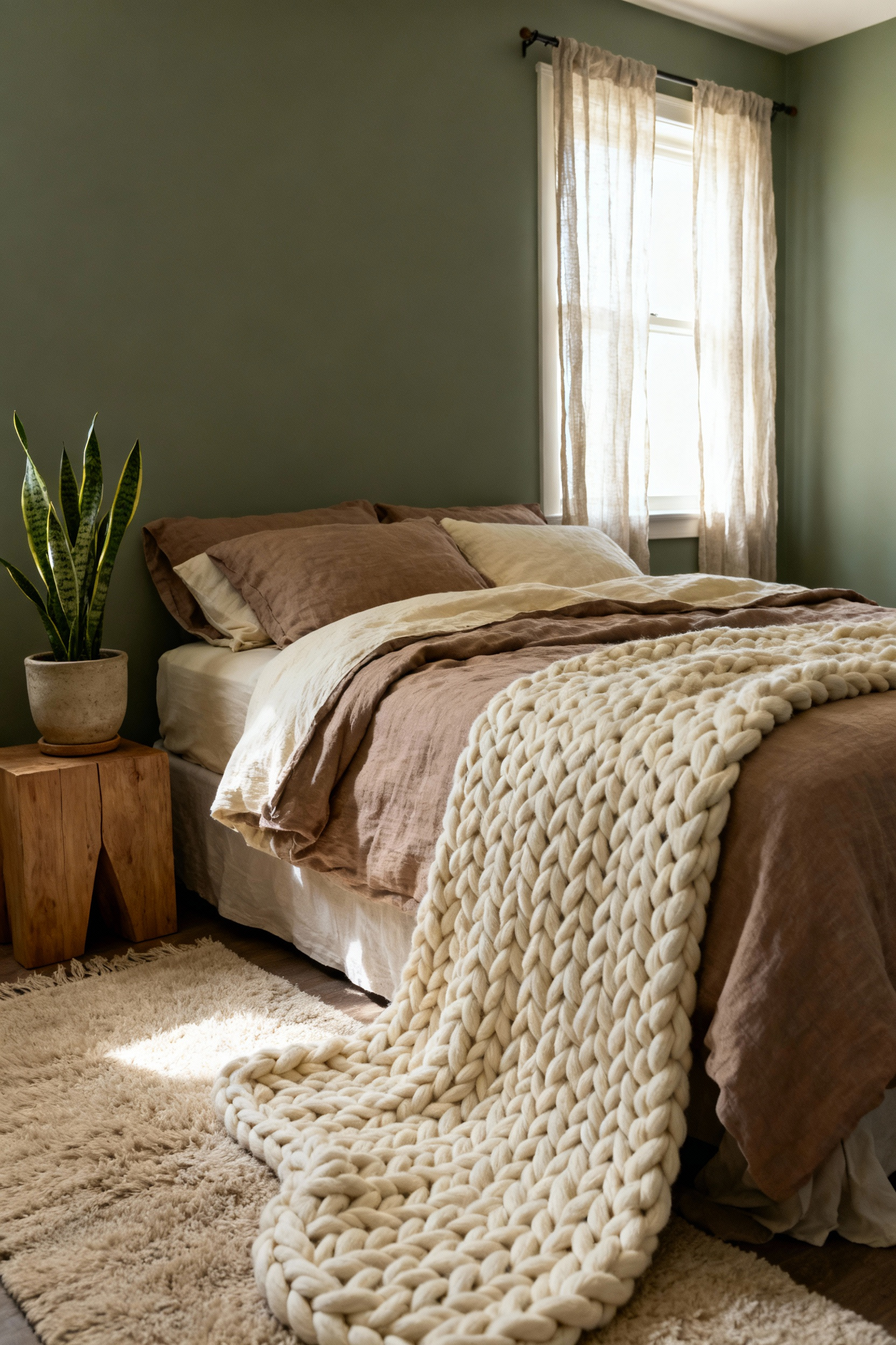 A cozy bedroom with walls painted in a muted sage green, featuring a bed dressed in soft linen bedding in light taupe and cream, and a chunky knit throw blanket. Diffused sunlight streams through a sheer curtain onto a natural wood bedside table with a potted snake plant. An undyed wool rug covers the floor, creating a tranquil and earthy ambiance.