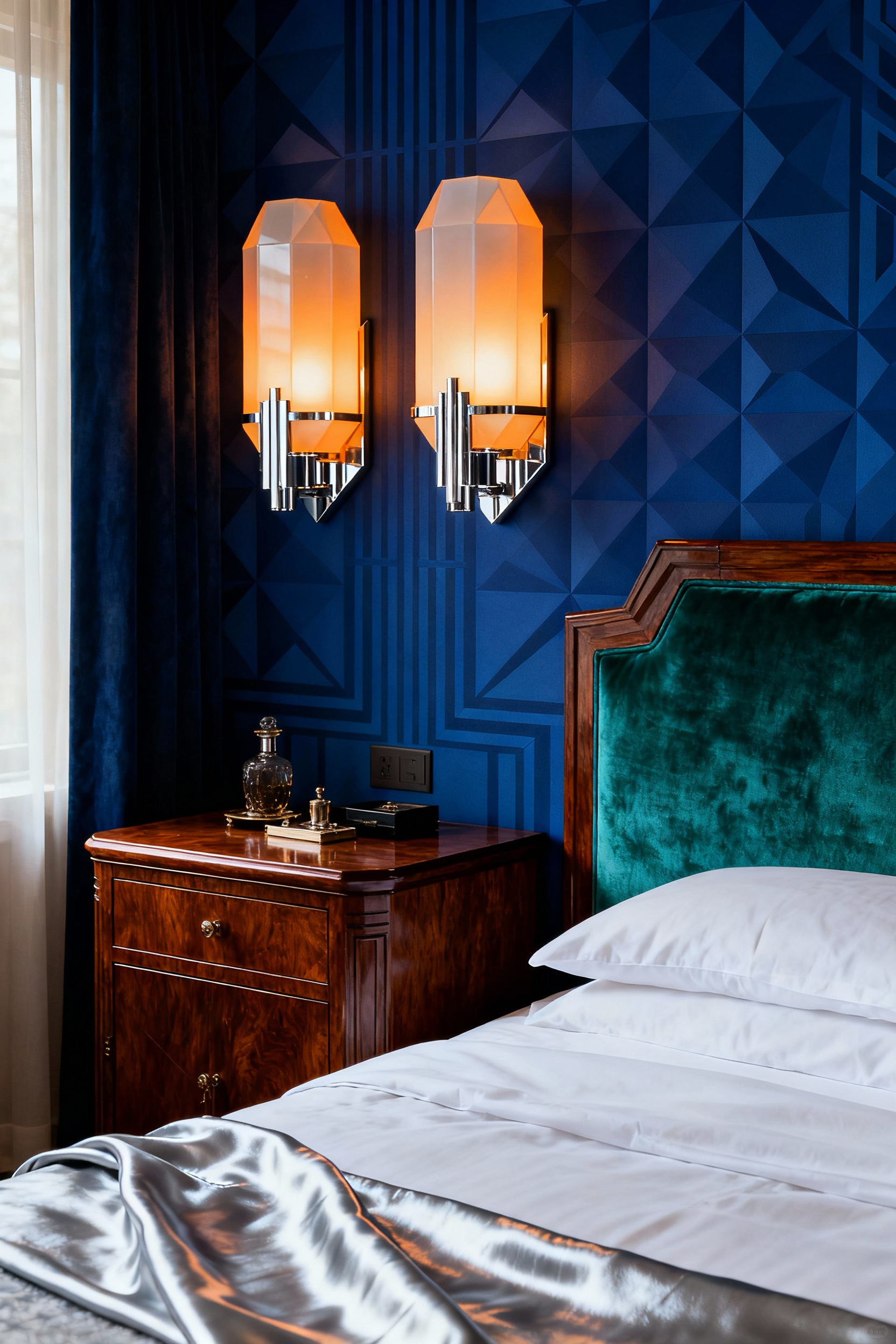 Fully restored Art Deco wall sconces with frosted glass and chrome detailing mounted in a vintage luxury bedroom featuring rich blue wallpaper and deep emerald velvet textures.