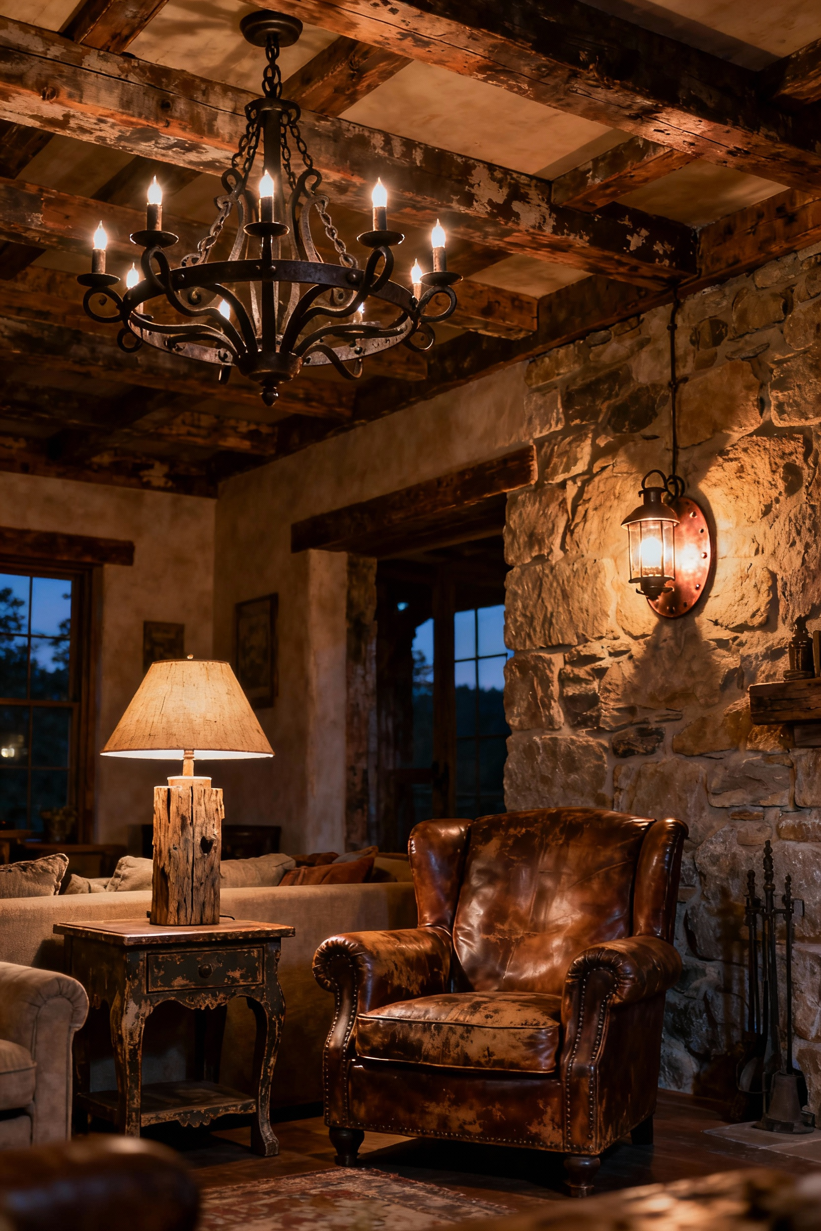 A cozy rustic living room at dusk, bathed in warm, diffused light from various artisanal luminaires. A hand-forged iron chandelier, copper wall sconce, and reclaimed wood table lamp are visible, creating an inviting ambiance.