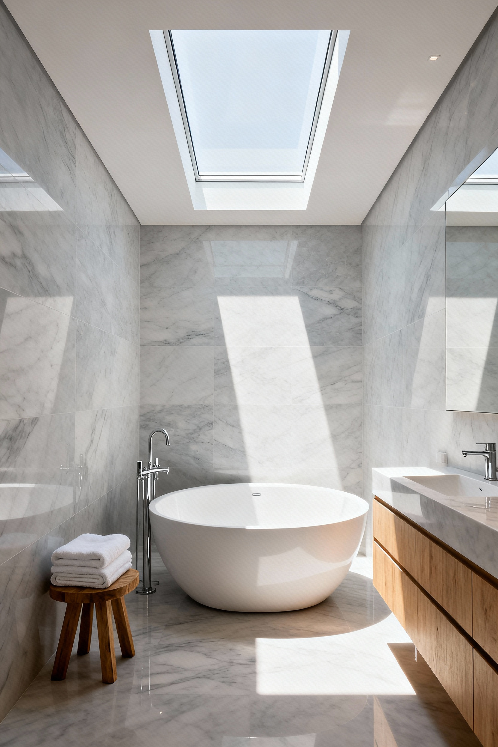Modern bathroom interior featuring a freestanding soaking tub lit exclusively by a large overhead skylight, maximizing natural light and privacy.