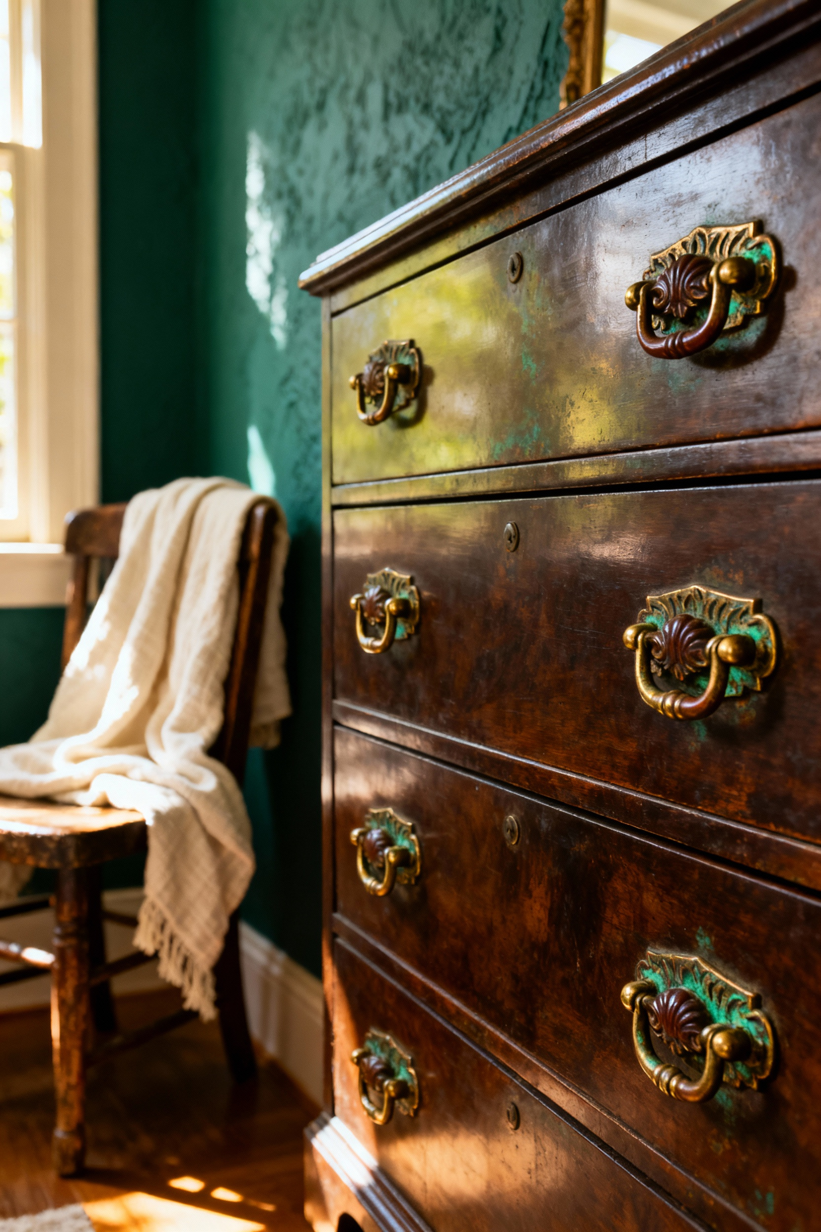 Vintage bedroom aesthetic featuring an antique dark wood dresser with unlacquered brass hardware displaying a natural, rich patina.