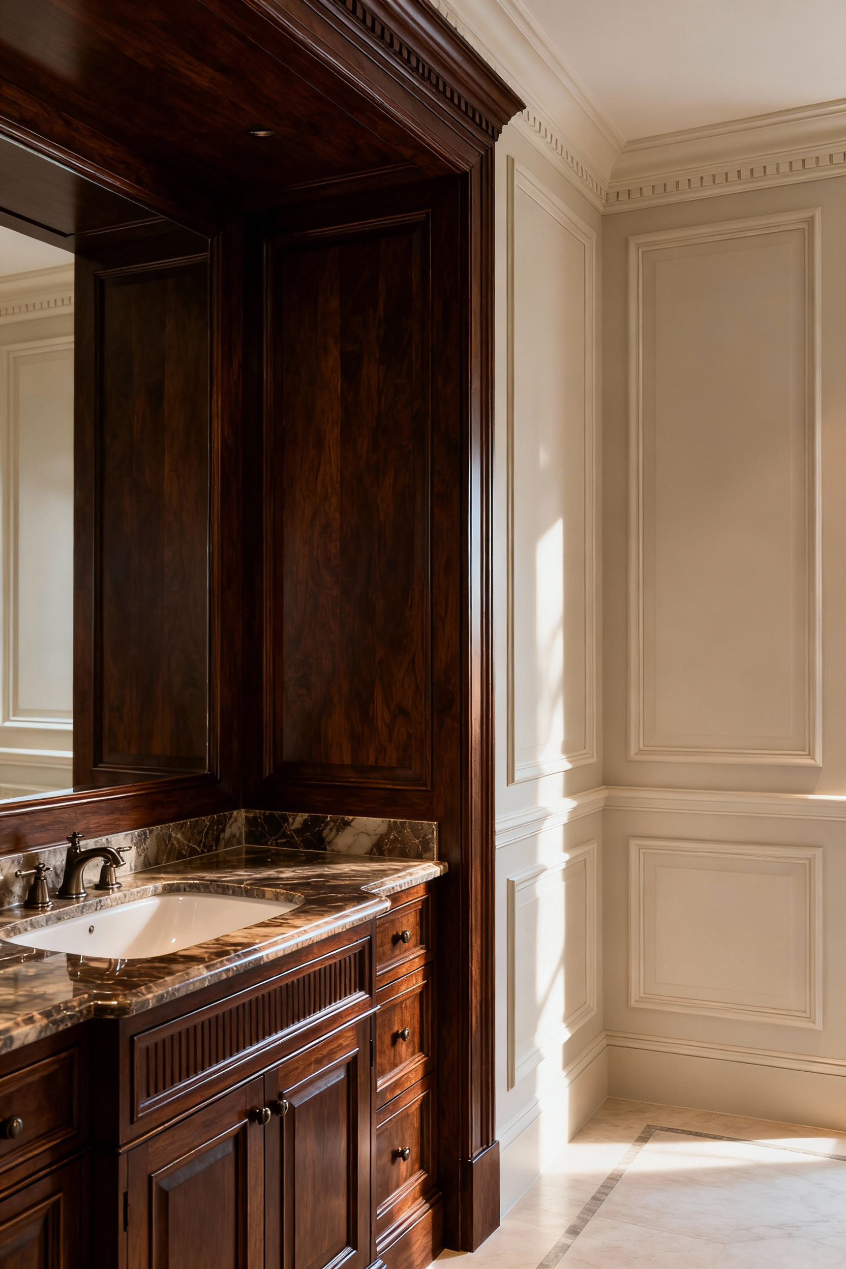 Elegant bathroom interior showcasing bespoke dark wood joinery, custom cabinetry, integrated wall paneling, and a vanity, emphasizing architectural integrity and fine craftsmanship.