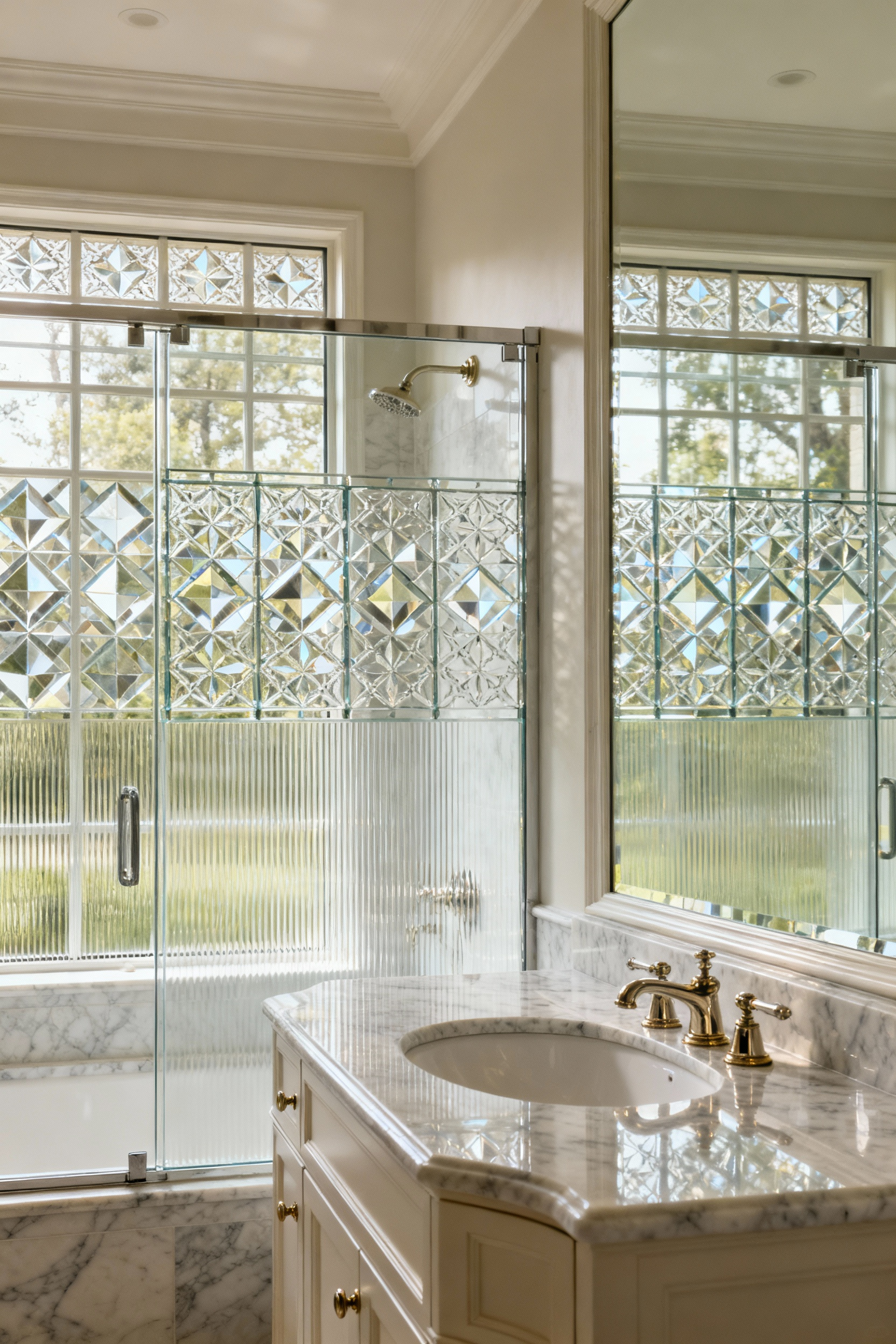 A timeless classic bathroom featuring a large window with beveled and reeded glass, showcasing diffused natural light and elegant privacy. Marble vanity and polished metal fixtures enhance the luxurious, serene atmosphere.