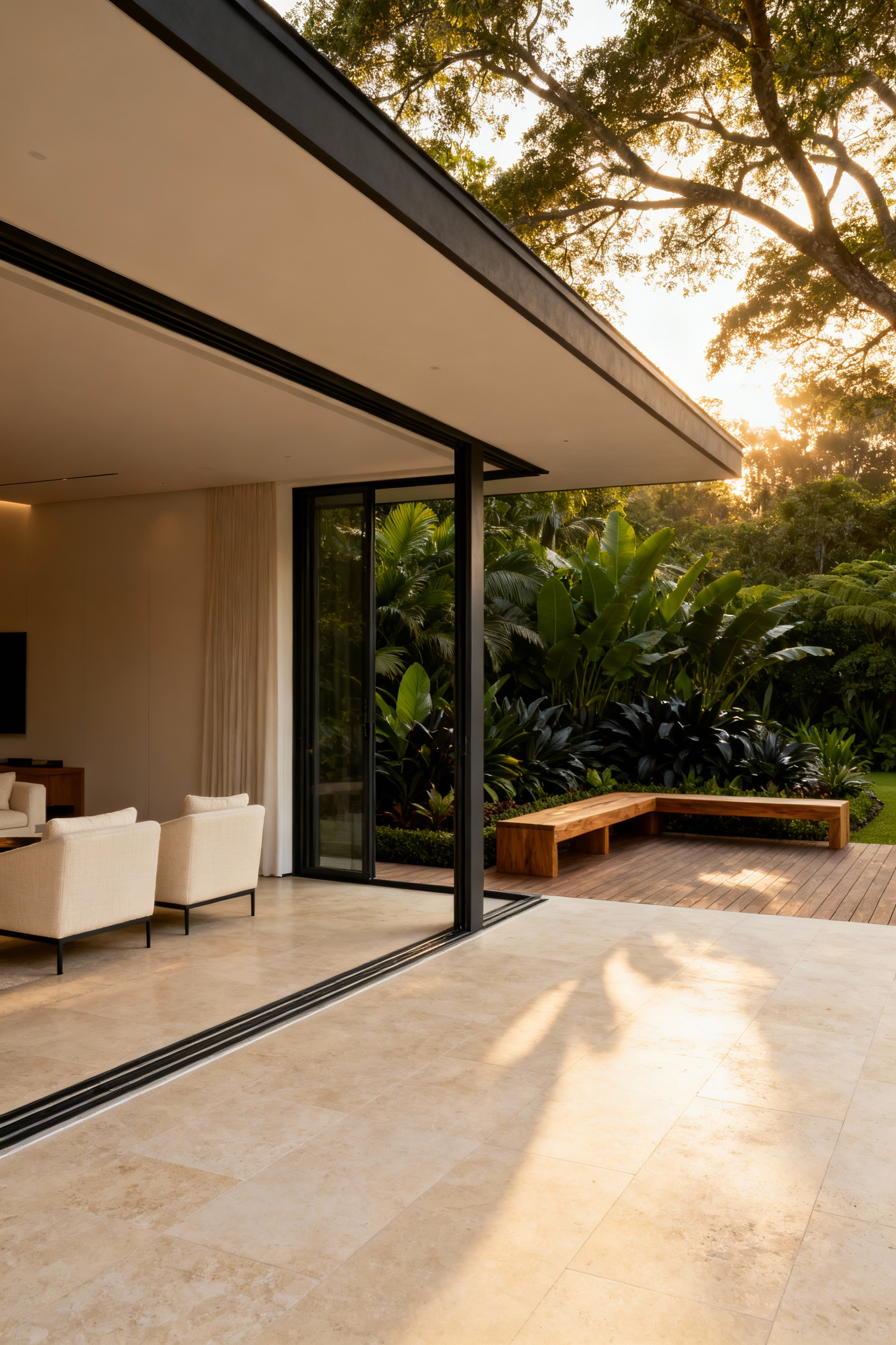 A luxurious modern patio design featuring open, fully recessed sliding glass doors and continuous light travertine flooring to seamlessly blend the indoor living room with the lush, biophilic outdoor sanctuary.