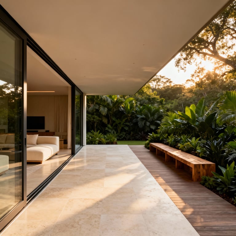 A luxurious modern patio design featuring open, fully recessed sliding glass doors and continuous light travertine flooring to seamlessly blend the indoor living room with the lush, biophilic outdoor sanctuary.