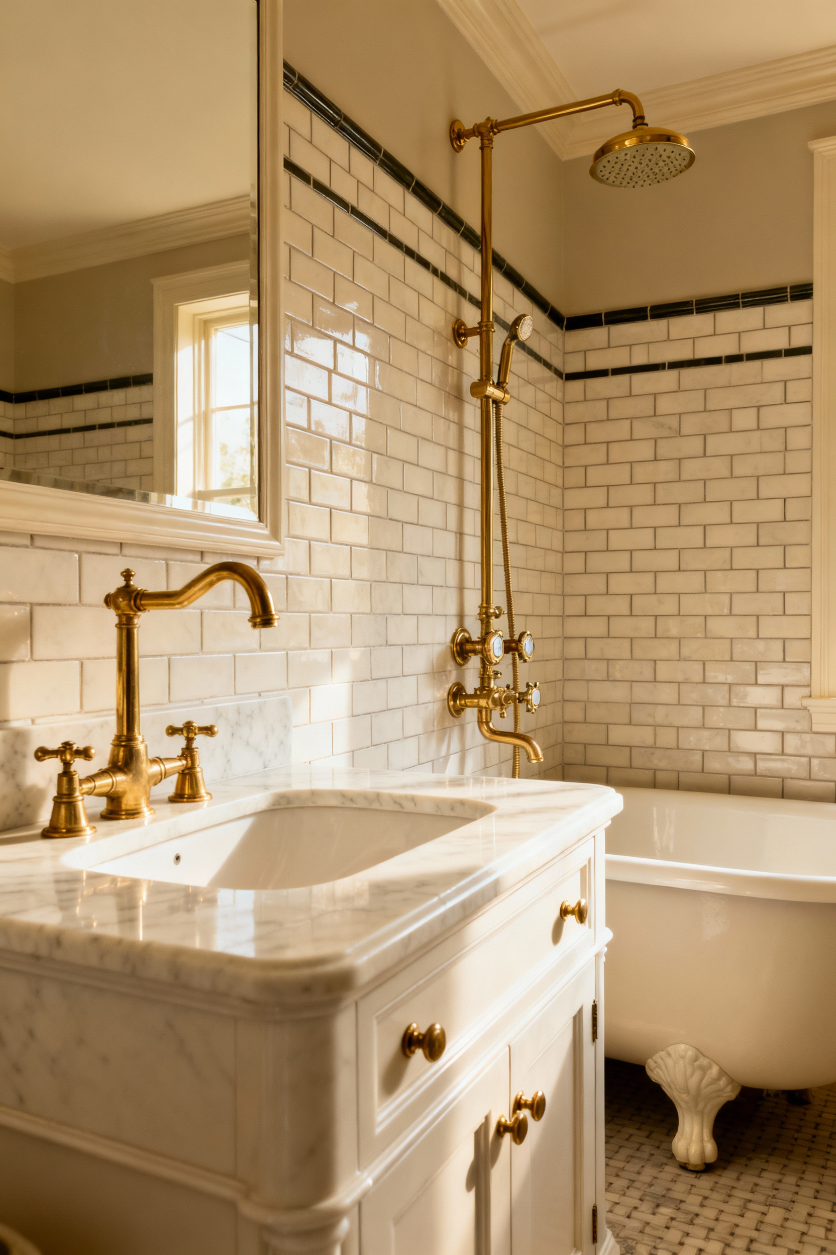 A beautifully designed classical bathroom featuring an elegant bridge faucet on a marble vanity and a vintage-style thermostatic shower system, exemplifying period-appropriate plumbing fixtures for a timeless bathroom look.