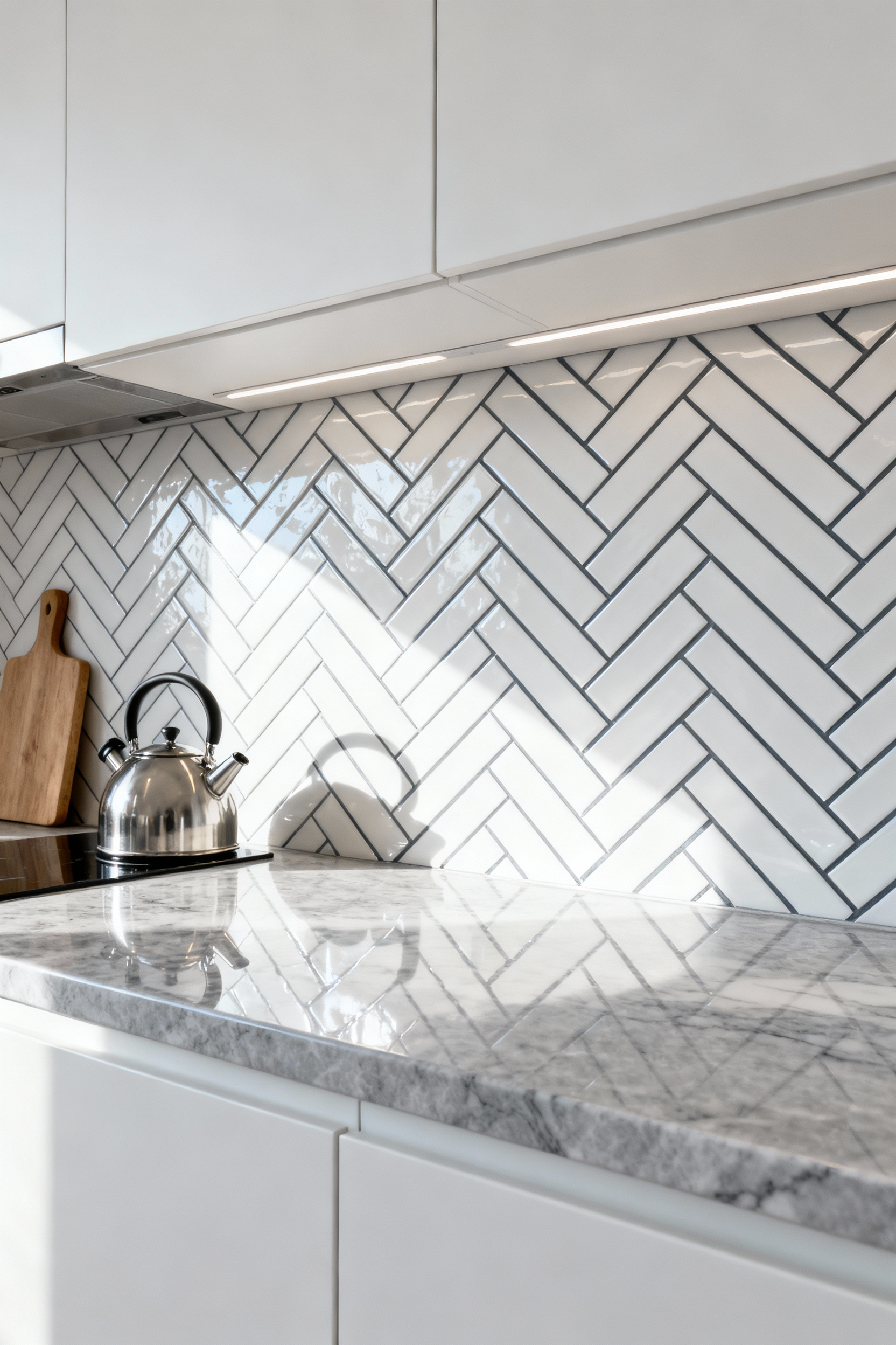 A bright kitchen backsplash made of affordable white subway tiles installed in a high-end herringbone pattern over a light grey countertop.