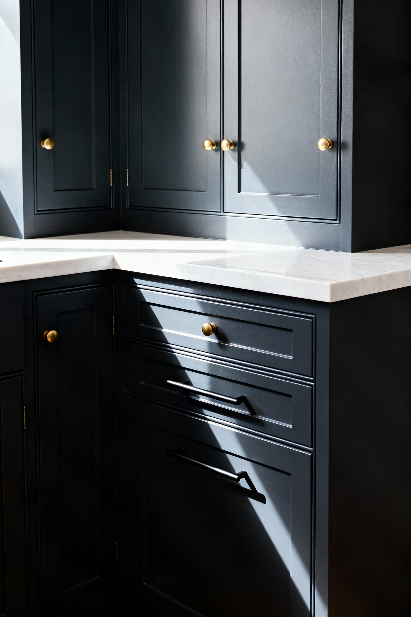 Close-up view of a bank of modern charcoal gray shaker cabinets featuring contrasting hardware: linear matte black pulls on the drawers and rounded brushed brass knobs on the upper doors, demonstrating a high-impact budget renovation.