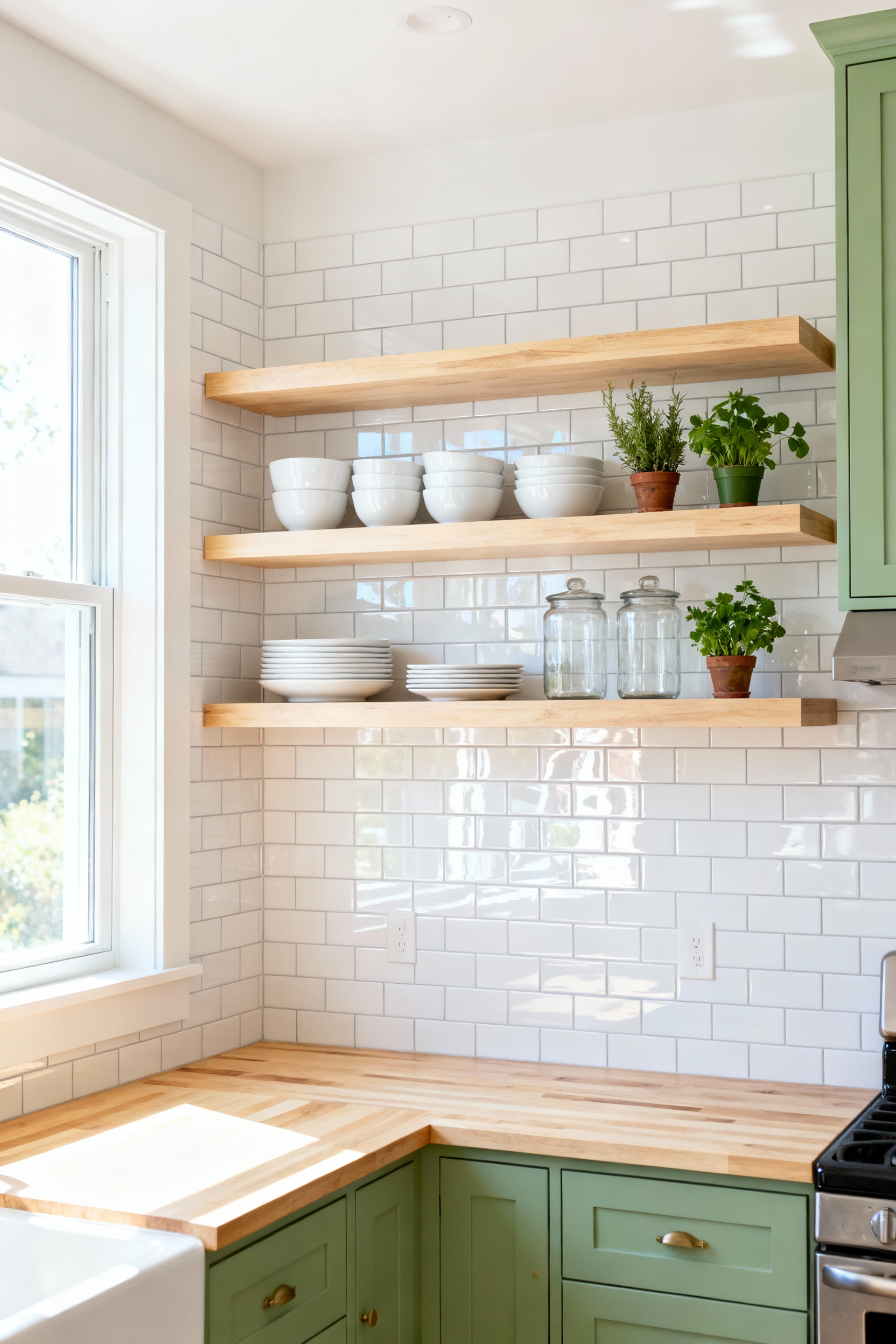Open concept small kitchen design featuring floating wood shelves instead of traditional upper cabinets, illustrating cost-saving and light-enhancing renovation.