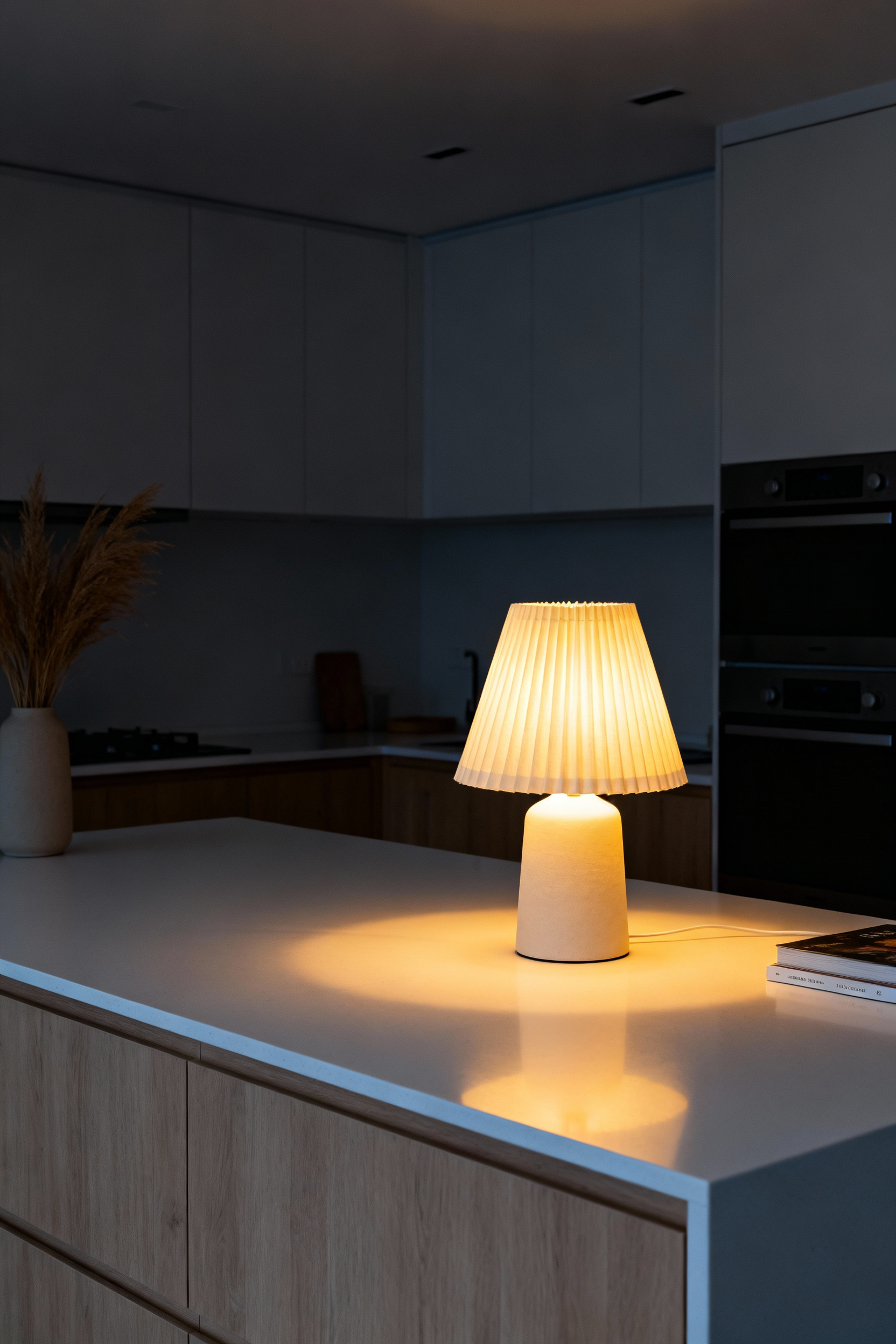A photograph of a Scandinavian-style kitchen countertop illuminated solely by the warm, golden light of a mid-sized table lamp, demonstrating cozy, layered light fixtures.