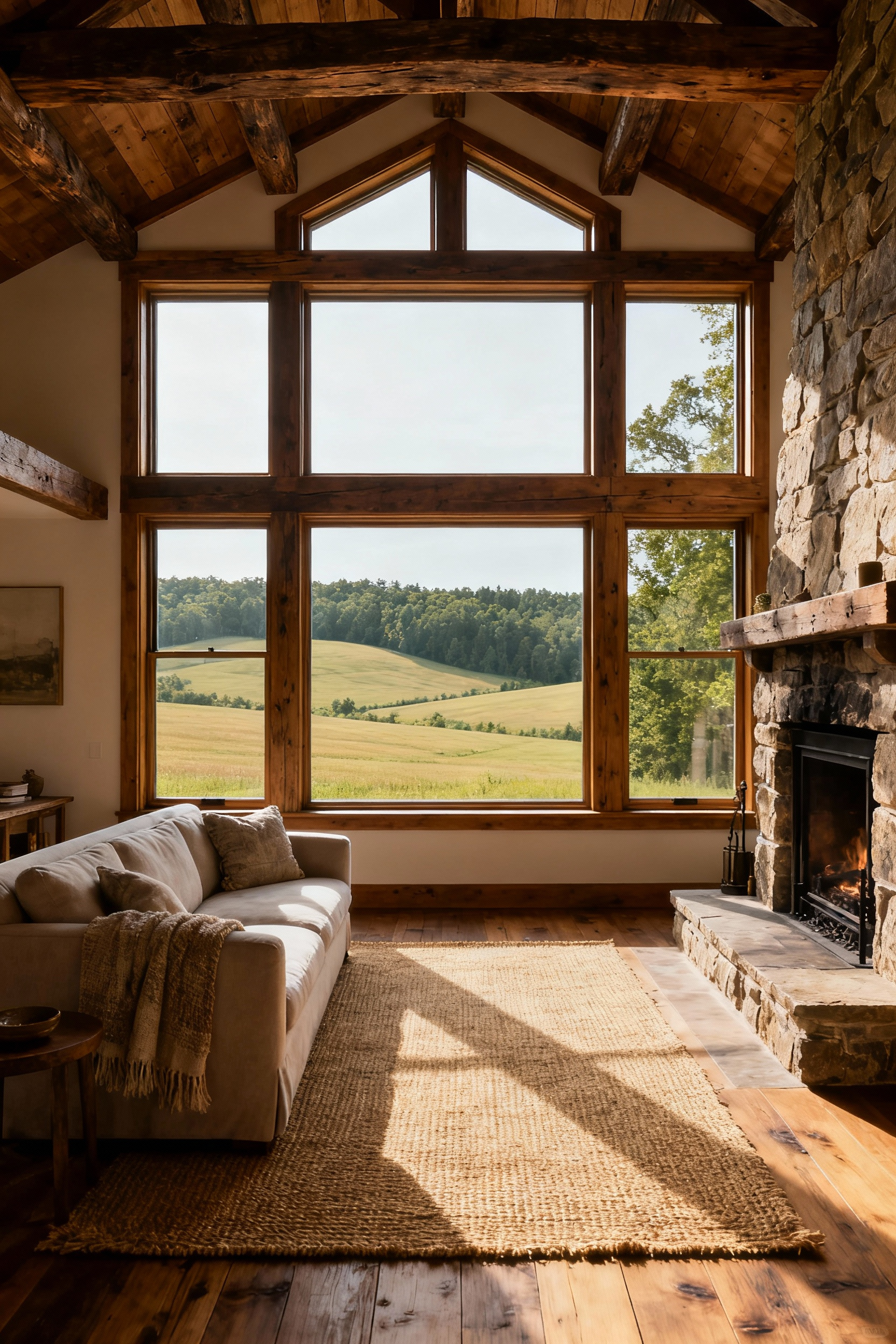 Rustic living room with large, timber-framed windows carefully integrated to frame a beautiful natural landscape view, showcasing an harmonious blend of indoor and outdoor spaces. The room features exposed wooden beams, a stone fireplace, and inviting, natural furnishings bathed in soft light.
