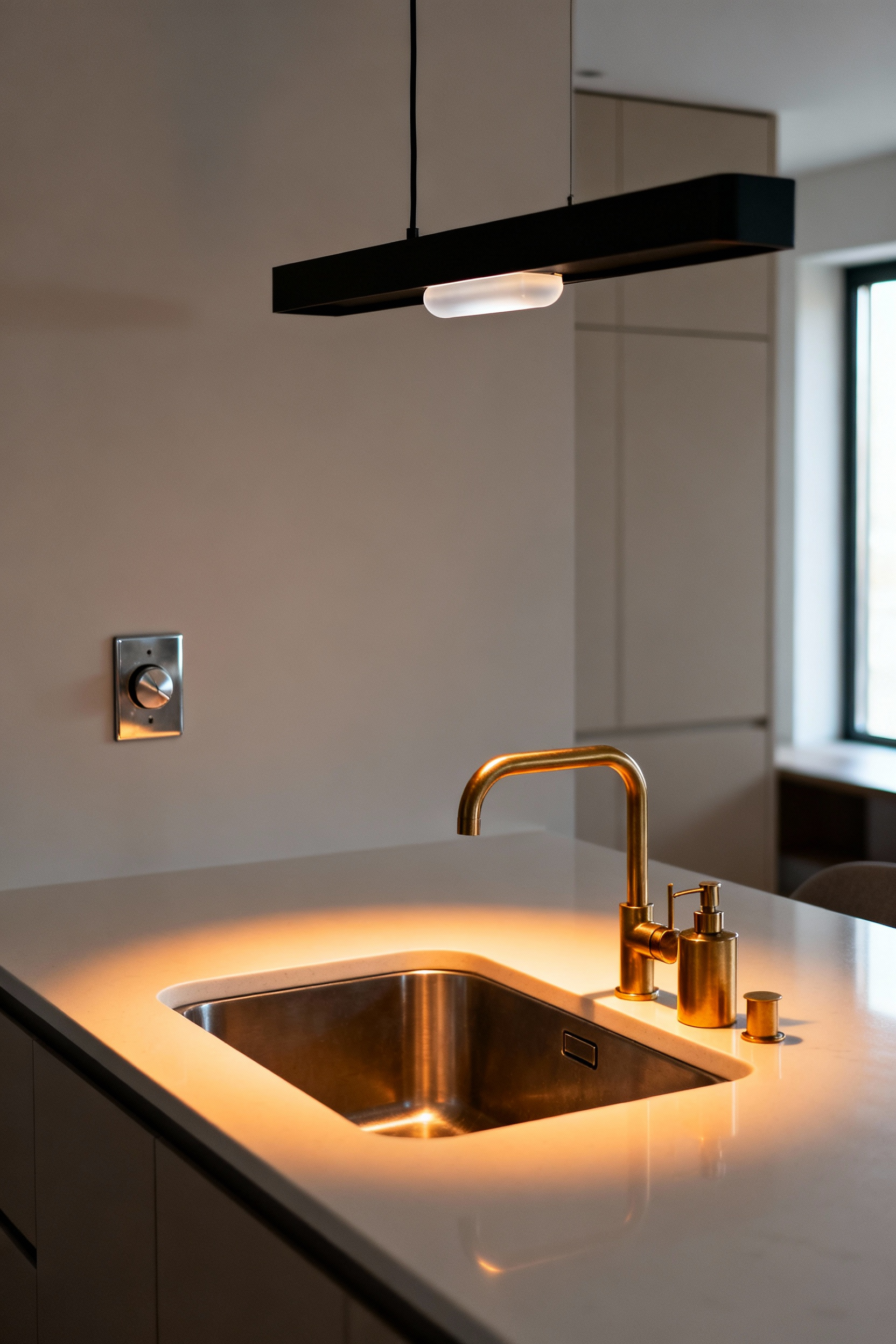 A photograph of a contemporary kitchen sink illuminated by a sleek, matte black pendant light fixture hung directly above the basin, demonstrating focused, adjustable lighting for task clarity.