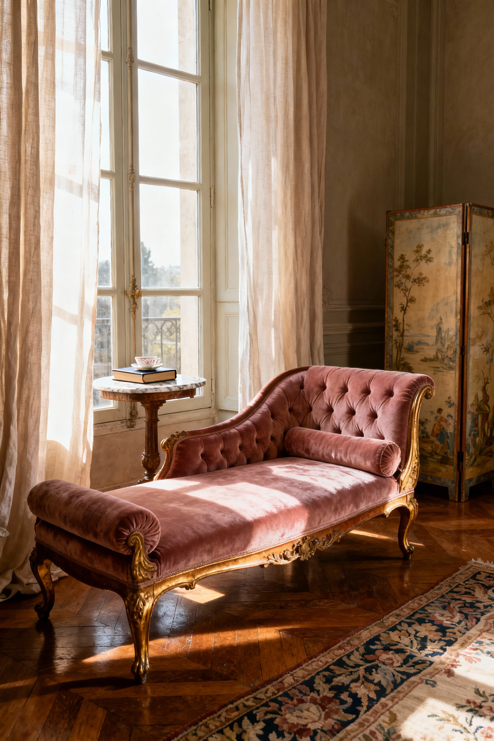 A full scene image of a dusty rose tufted velvet chaise longue positioned in a sunlit French Regency style bedroom, showcasing a luxurious vintage aesthetic perfect for daytime repose.