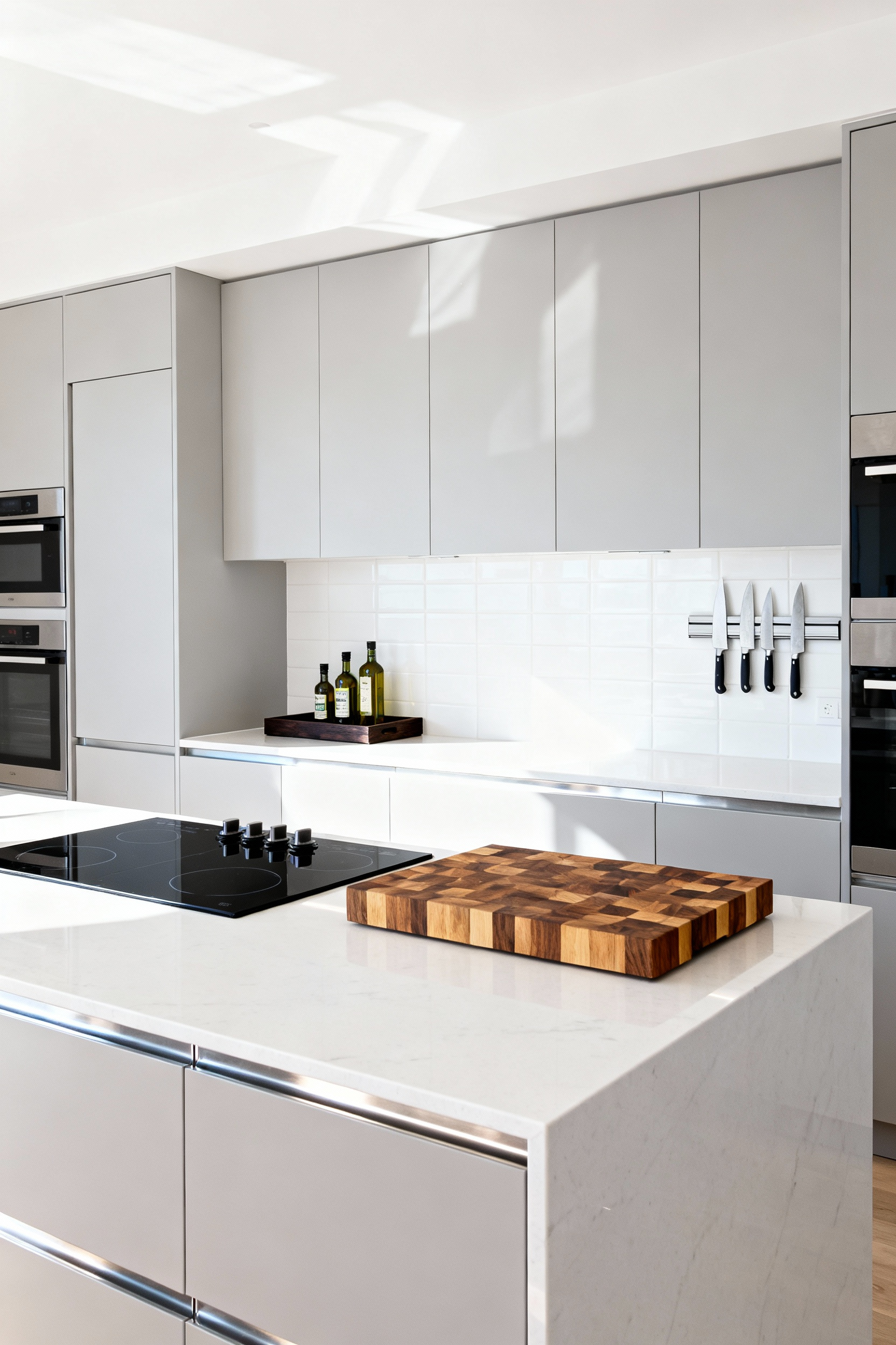 A modern, minimalist kitchen prep area demonstrating distinct functional zones, with a curated set of cooking oils positioned near the stove and knives near a large cutting board.