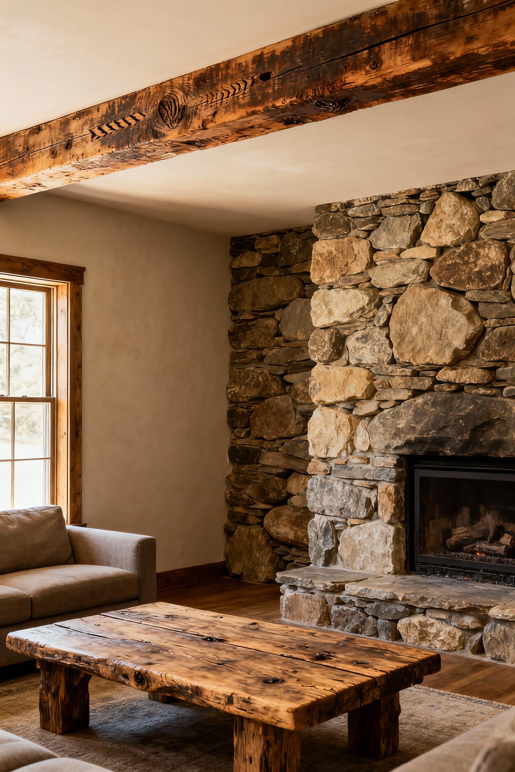 Rustic living room detail featuring authentic materials like reclaimed barn wood beams and a dry-stacked natural stone fireplace, emphasizing genuine textures and natural patinas over imitation finishes.