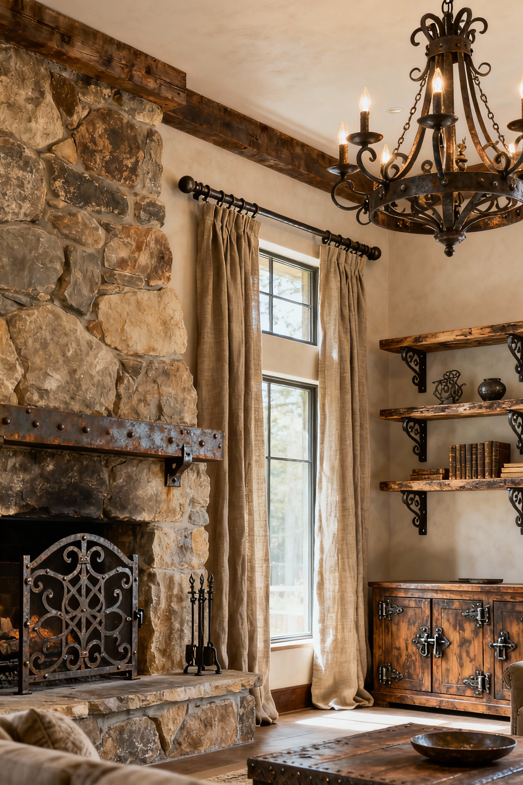 An authentic rustic living room featuring a hand-forged iron fireplace screen, robust iron curtain rods, intricate metal latches on cabinets, and a prominent hand-wrought iron chandelier, all showcasing detailed ironwork and antiqued metal accents.