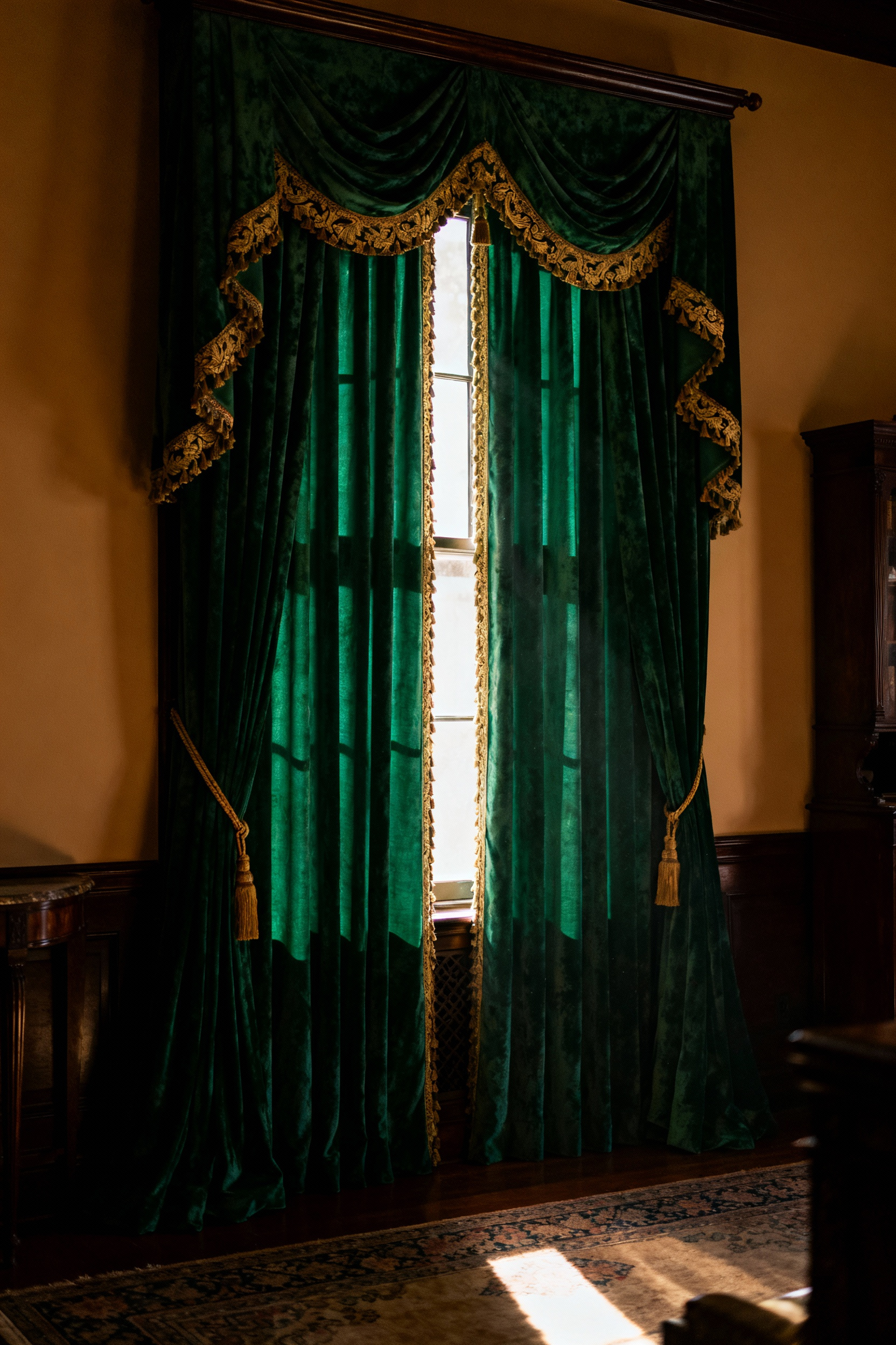 Heavy emerald green velvet and gold brocade drapes framing a window in a luxurious, intimate vintage bedroom setting.