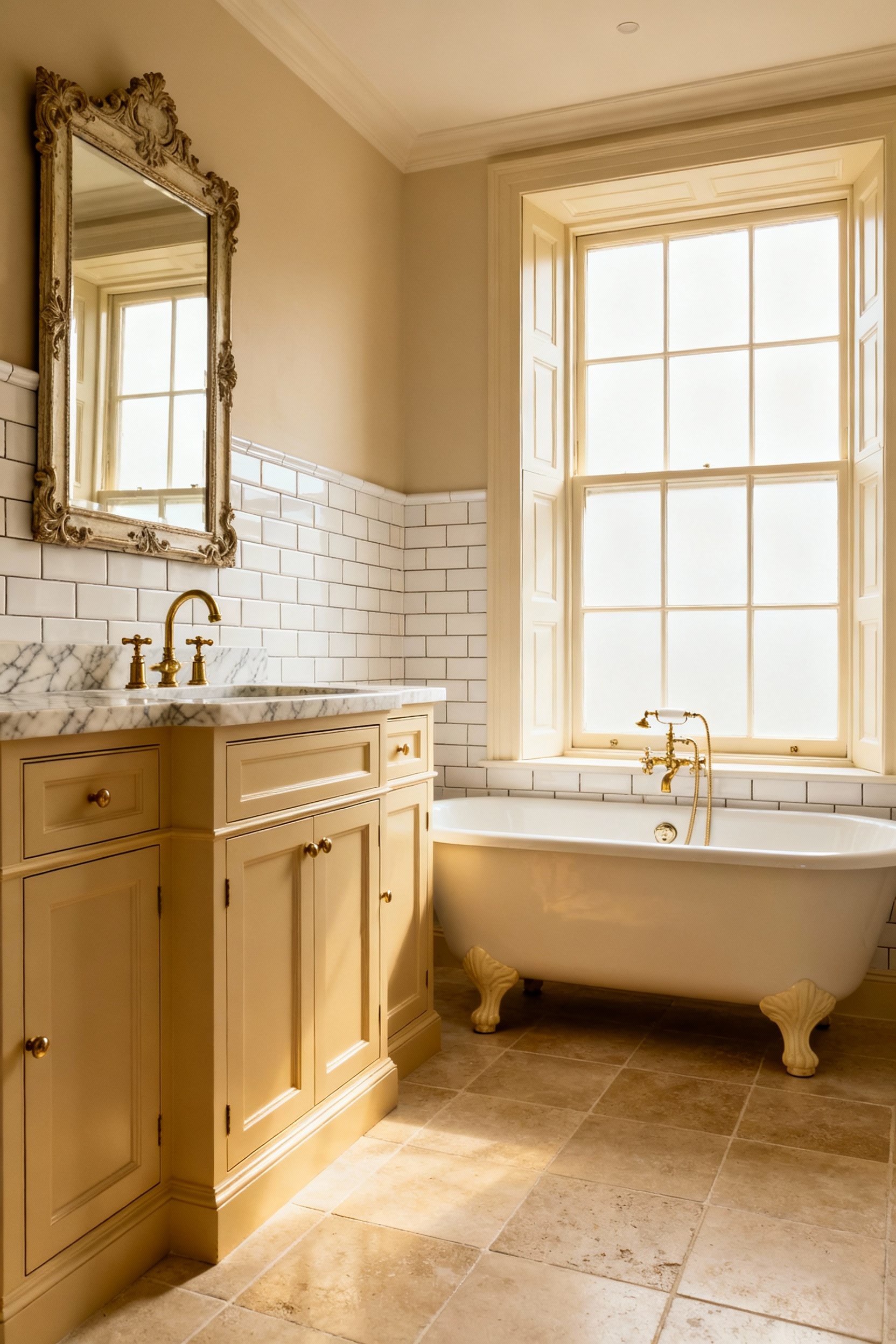Luxurious heirloom quality bathroom with classic clawfoot tub, Carrara marble vanity, polished nickel fixtures, and traditional subway tiles. Emphasizes enduring, high-quality design for lasting elegance. No people, soft natural light.