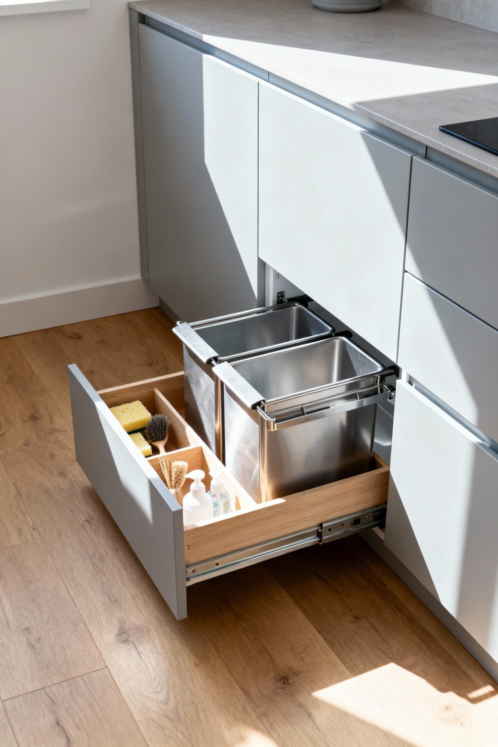 Concealed storage solutions in a small modern kitchen, showing a handleless pull-out cabinet partially open to reveal integrated recycling and trash bins and a dedicated drawer for sponges and cleaning supplies.