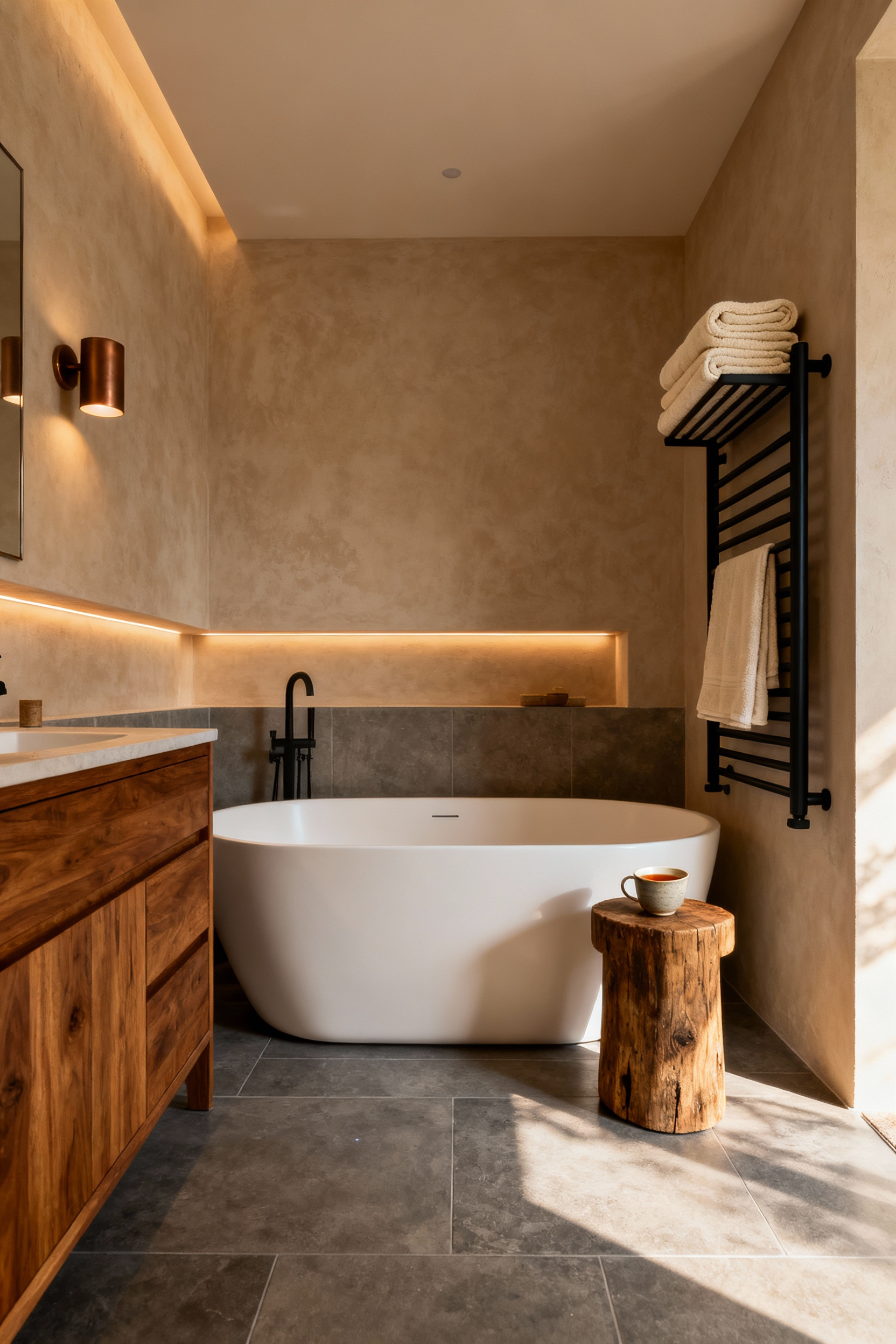 A deeply cozy bathroom featuring warm wood cabinetry, textured walls, and a heated towel rail stacked with thick, high-pile cream linen towels, emphasizing sensory comfort and Hygge styling.