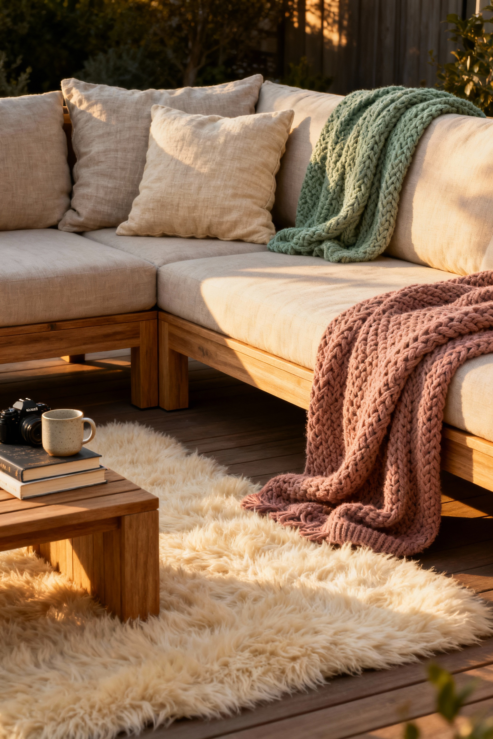 A photograph of a cozy patio seating area styled as a hyggekrog, featuring layered outdoor textiles, including plush cushions, a fuzzy rug, and chunky knit throws in muted colors on a teak sofa.