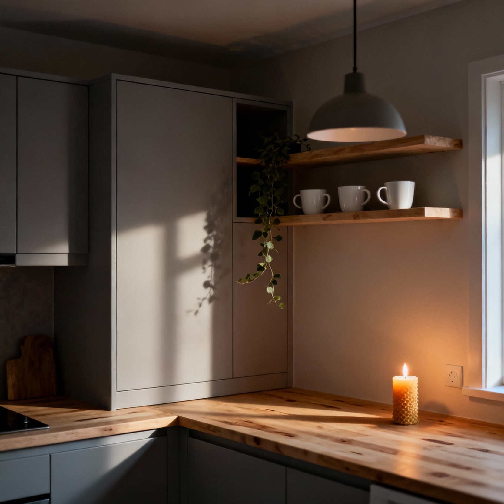 A small, warm grey Nordic kitchen counter with soft, intimate lighting from a pendant lamp and a lit candle, designed for Hygge living.