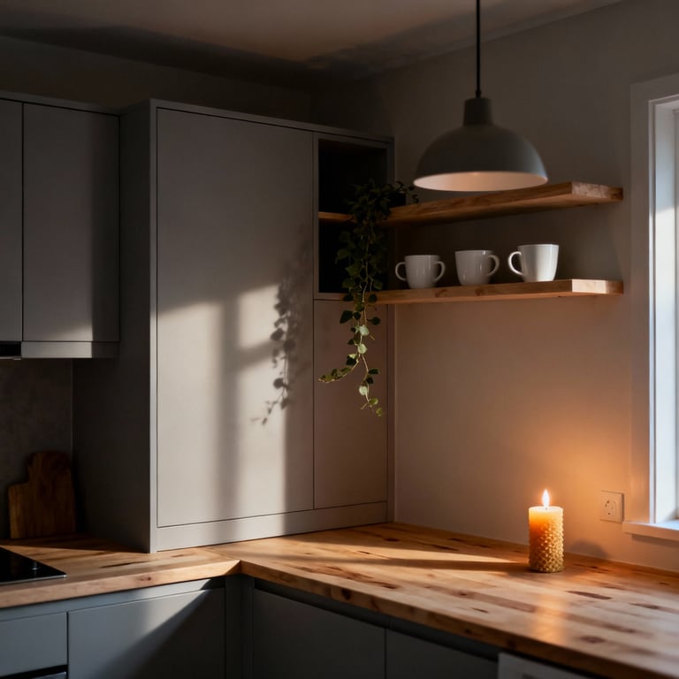 A small, warm grey Nordic kitchen counter with soft, intimate lighting from a pendant lamp and a lit candle, designed for Hygge living.